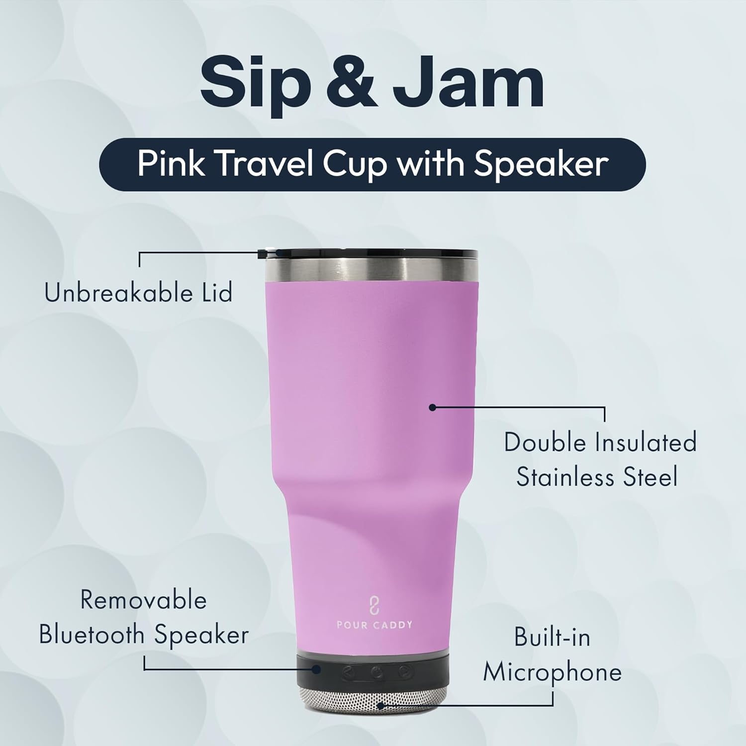 Go Caddy 28 oz Tumbler with Bluetooth Speaker, Insulated Stainless Steel Travel Cup with Lid, Hot & Cold Drink Beverage Container, Removable Speaker with Microphone, Rubber Base, Pink - Image 3