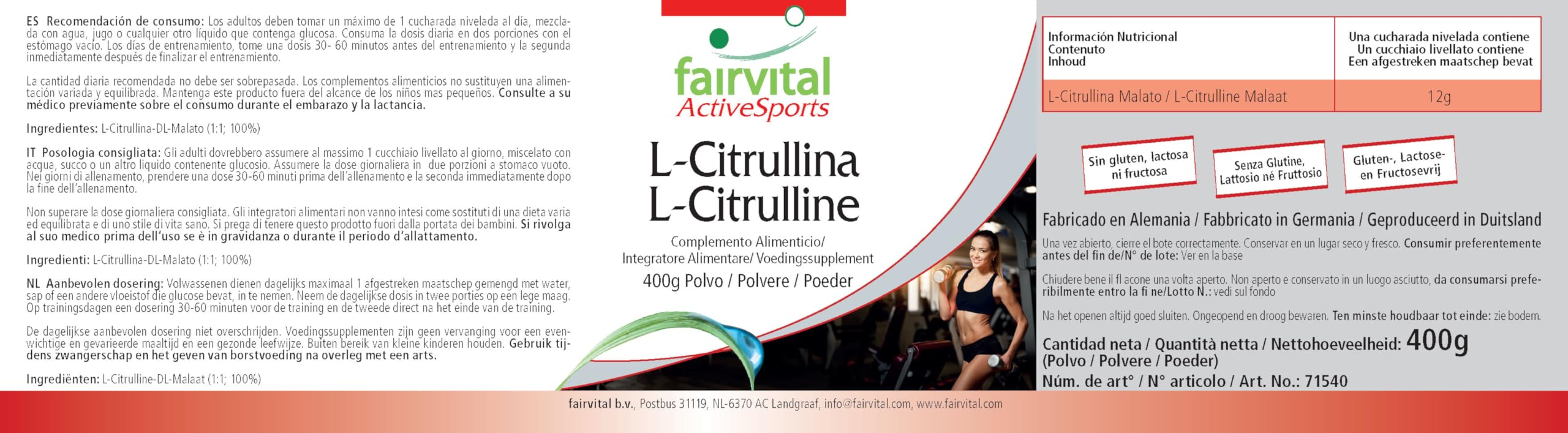 fairvital L-citrulline malate en poudre, 400 g, HAUTEMENT DOSÉE, L-citrulline DL-malate, 100% pure sans additifs