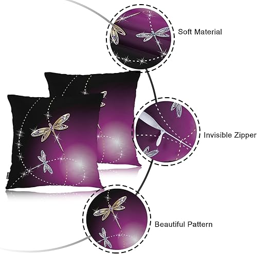 Miniatura 7 de Swono Juego de 2 fundas de almohada de 18 x 18 pulgadas, diseño de libélulas doradas, plateadas, diamantes, decorativas, para interiores y