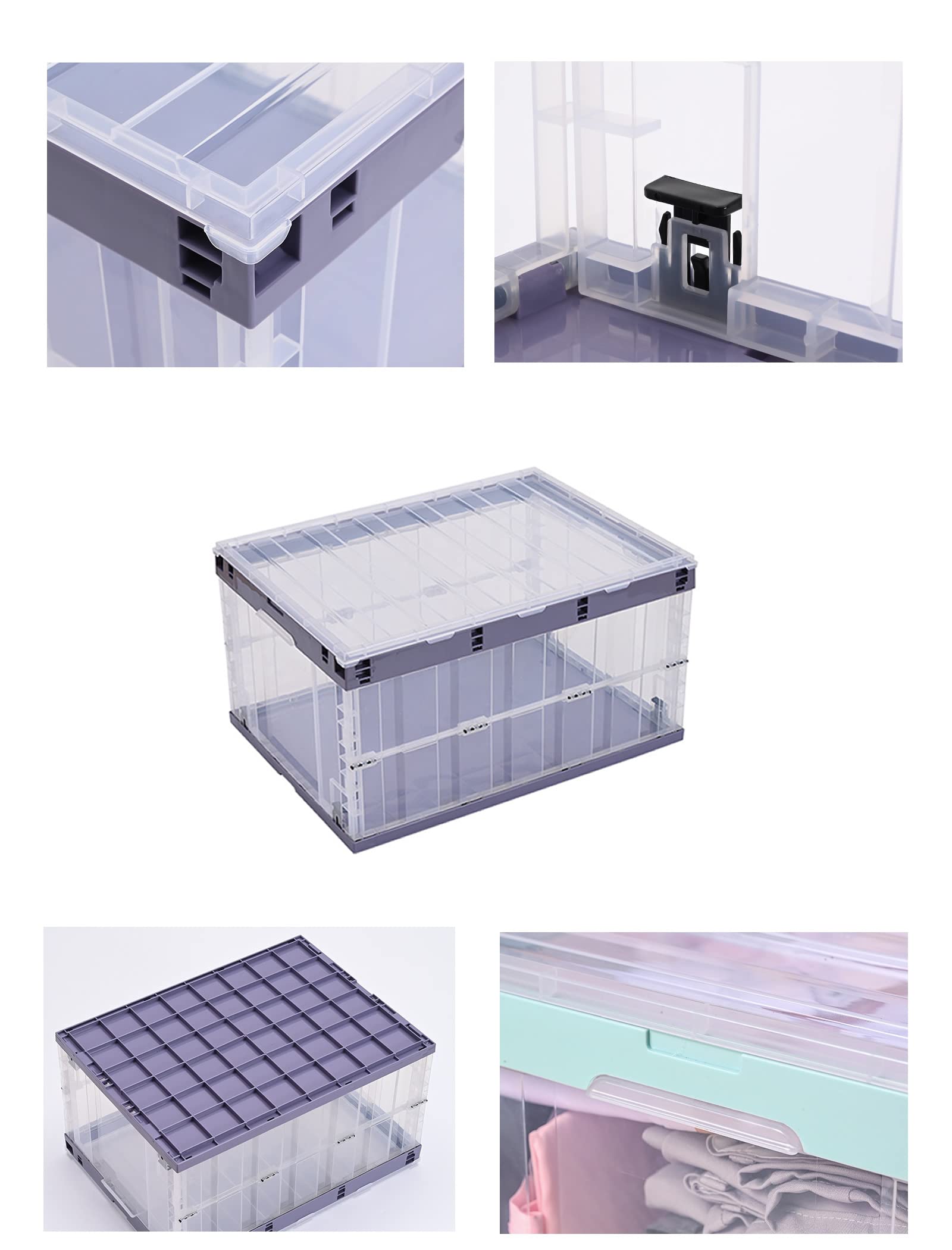 TUKA-i-AKUT 3x Faltbare Aufbewahrungsboxen mit Deckel, Stapelbar Faltbar, Stabile Stapelkisten mit Handgriff, Stapelbehälter Organizer Faltboxen Stapelboxen Durchsichtig, 3x 55L in 3 Farben TKD8640