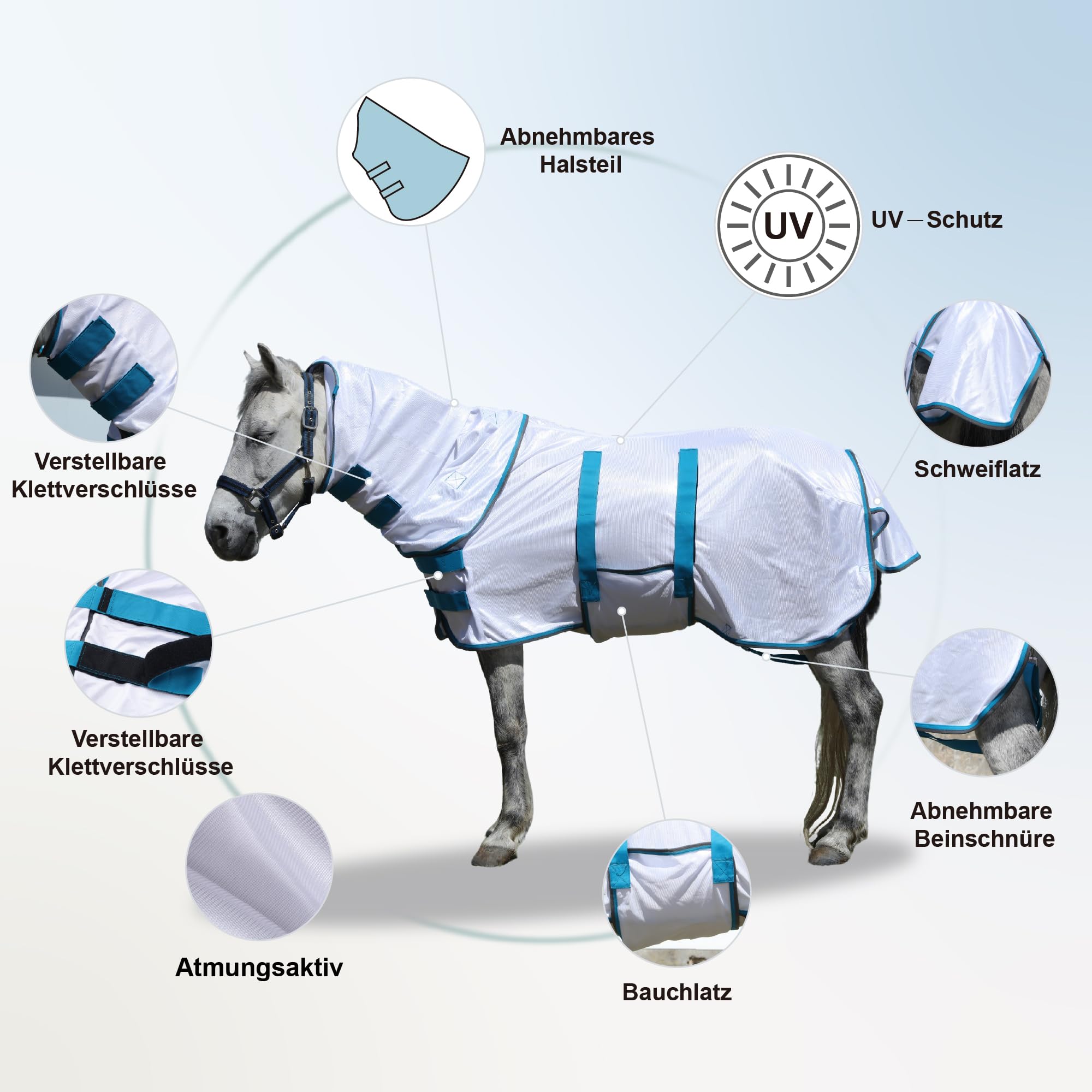 Couverture anti-mouches pour poney avec partie détachable pour le cou, respirante et légère, confortable, couverture d'été pour mini-, shetty- et poneys nains, sangles de poitrine et