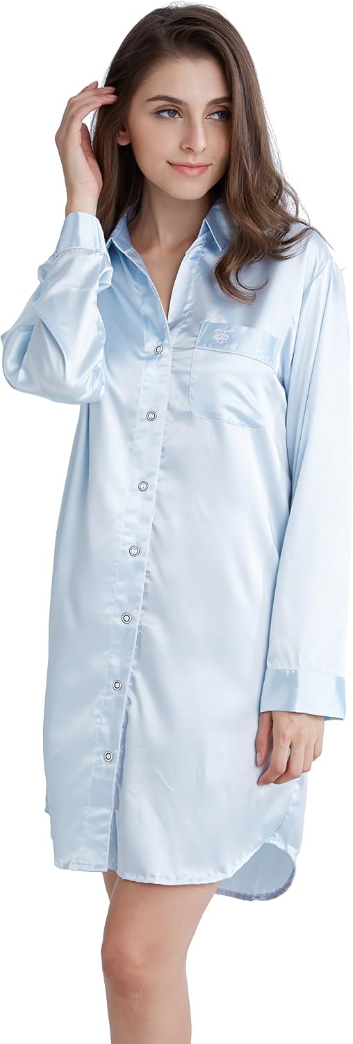 TONY AND CANDICE Women’s Sleep Shirt, Satin Pajama Top Long Sleeve Nightshirt