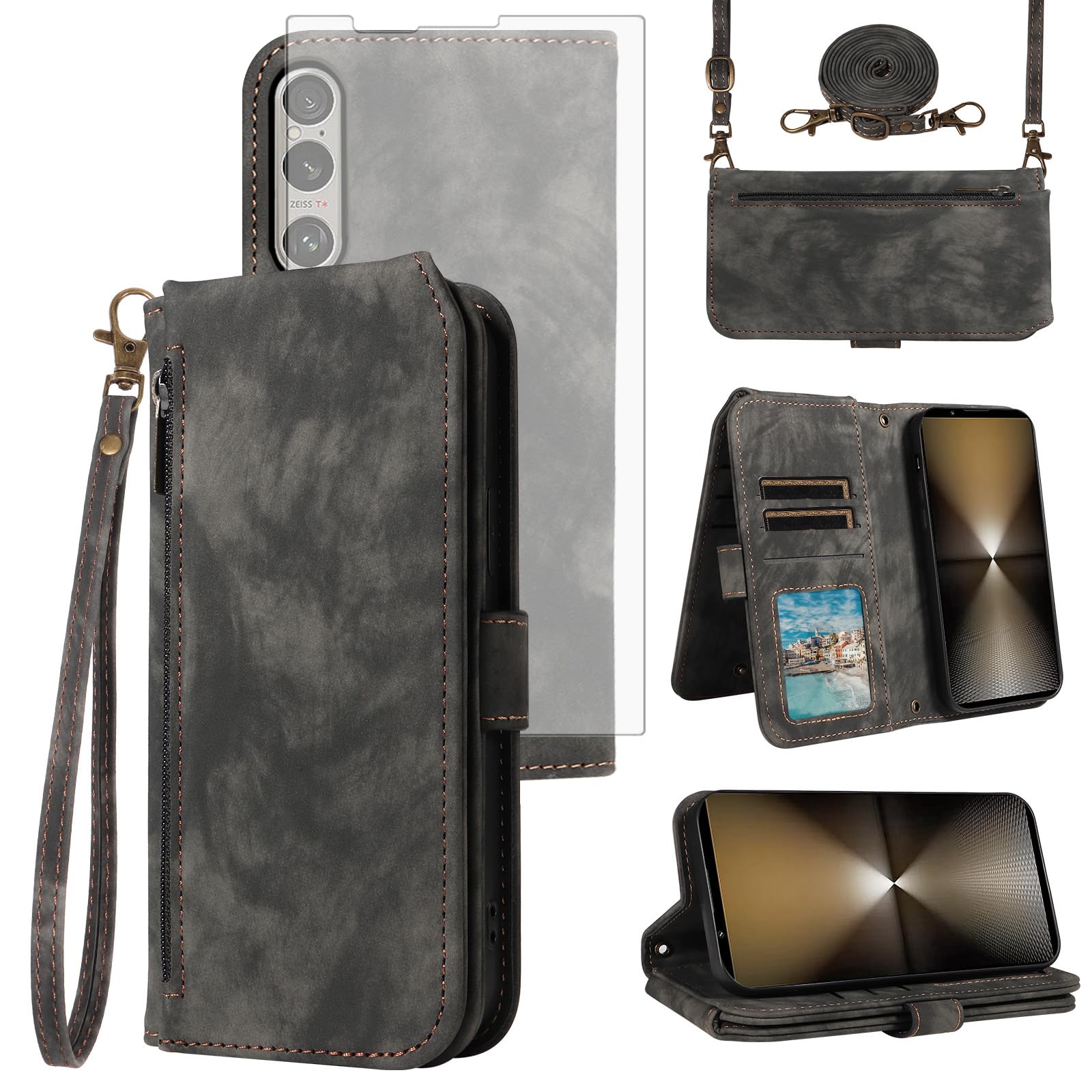 Phone Case for Sony Xperia 1 VI Wallet Cell Cover with Tempered Glass Screen Protector Crossbody Lanyard Strap Flip Zipper Credit Card Holder Slot Stand Mobile 1VI 5G XQ-EC72 Women Men Black