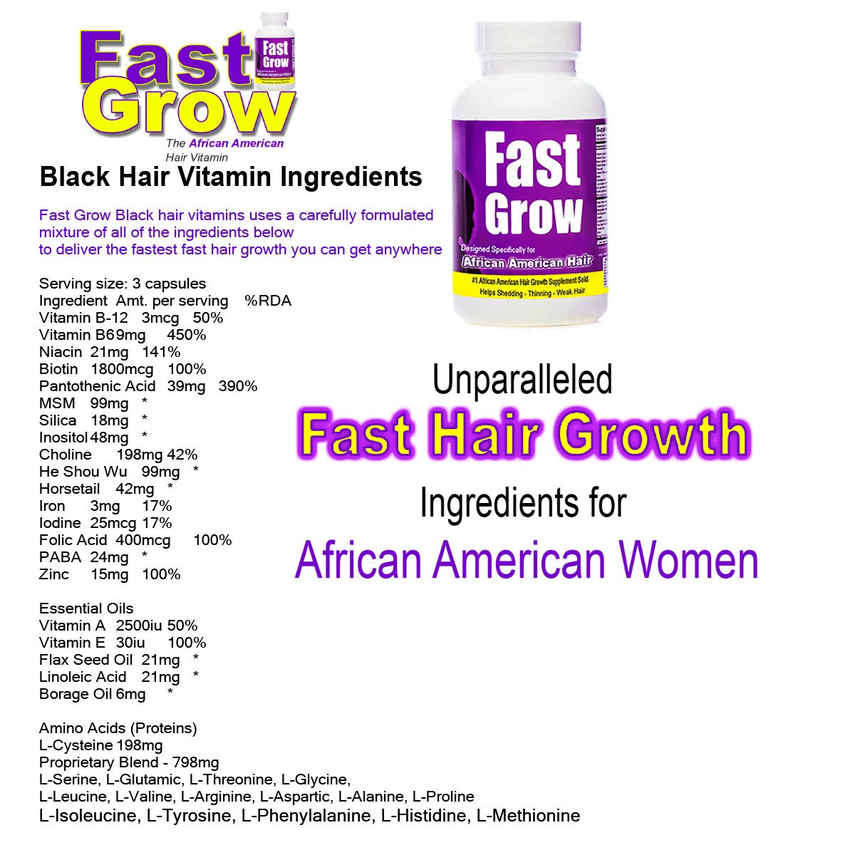 Fast Grow Hair Vitamins Ethnic Hair Growth Enhancer 6 Months Supply for
