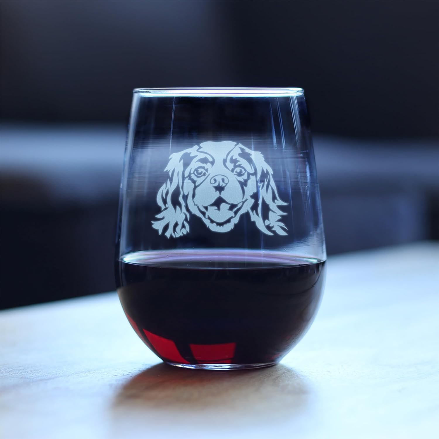 Custom Cavalier King Charles Spaniel Stemless Wine Glass - Cute Dog Themed Decor and Gifts for Moms & Dads of Cavaliers - Large 17 Oz - Customized Glasses