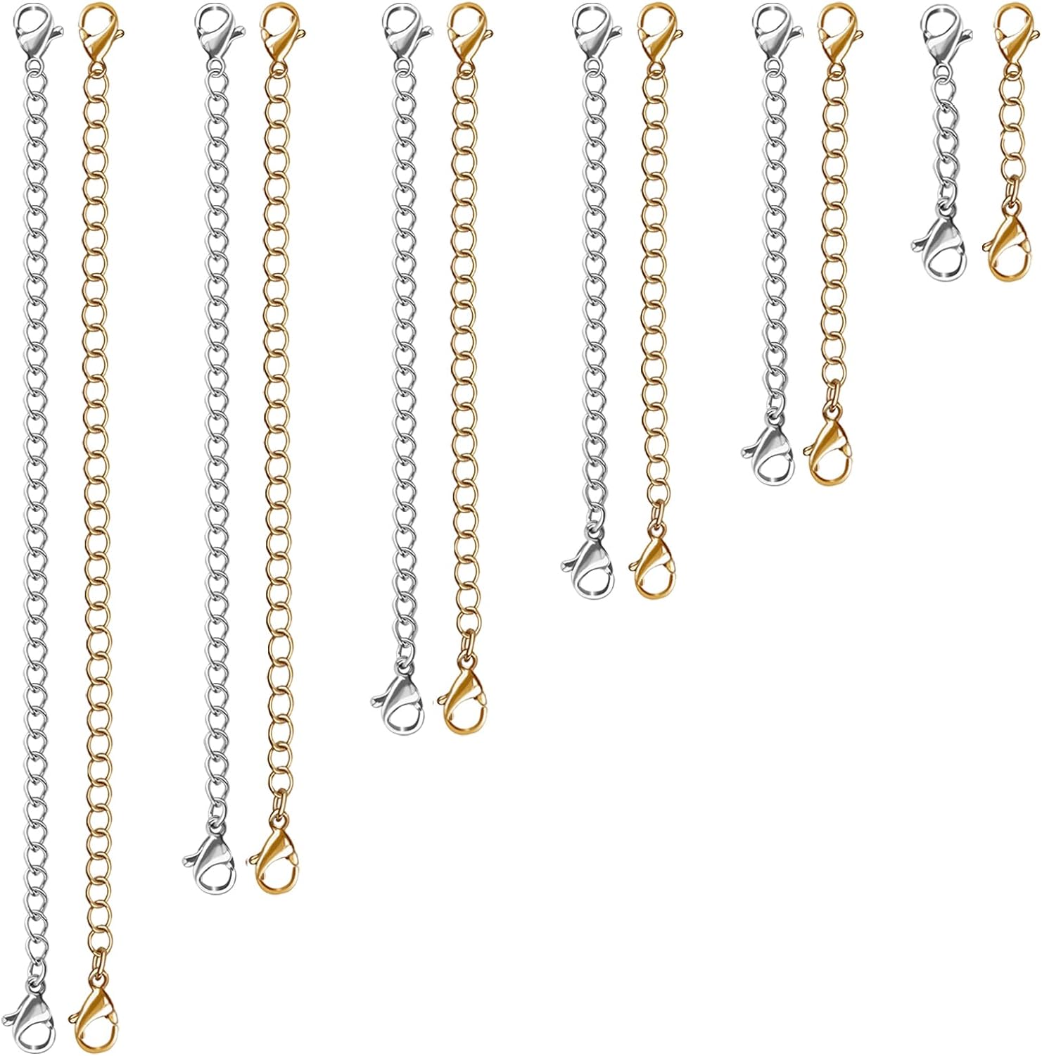 12 PCS Necklace Extenders – Stainless Steel Necklace Extension Chain for Jewelry, Bracelets & Anklets (6 Gold & 6 Silver, 1″-6″ Lengths)