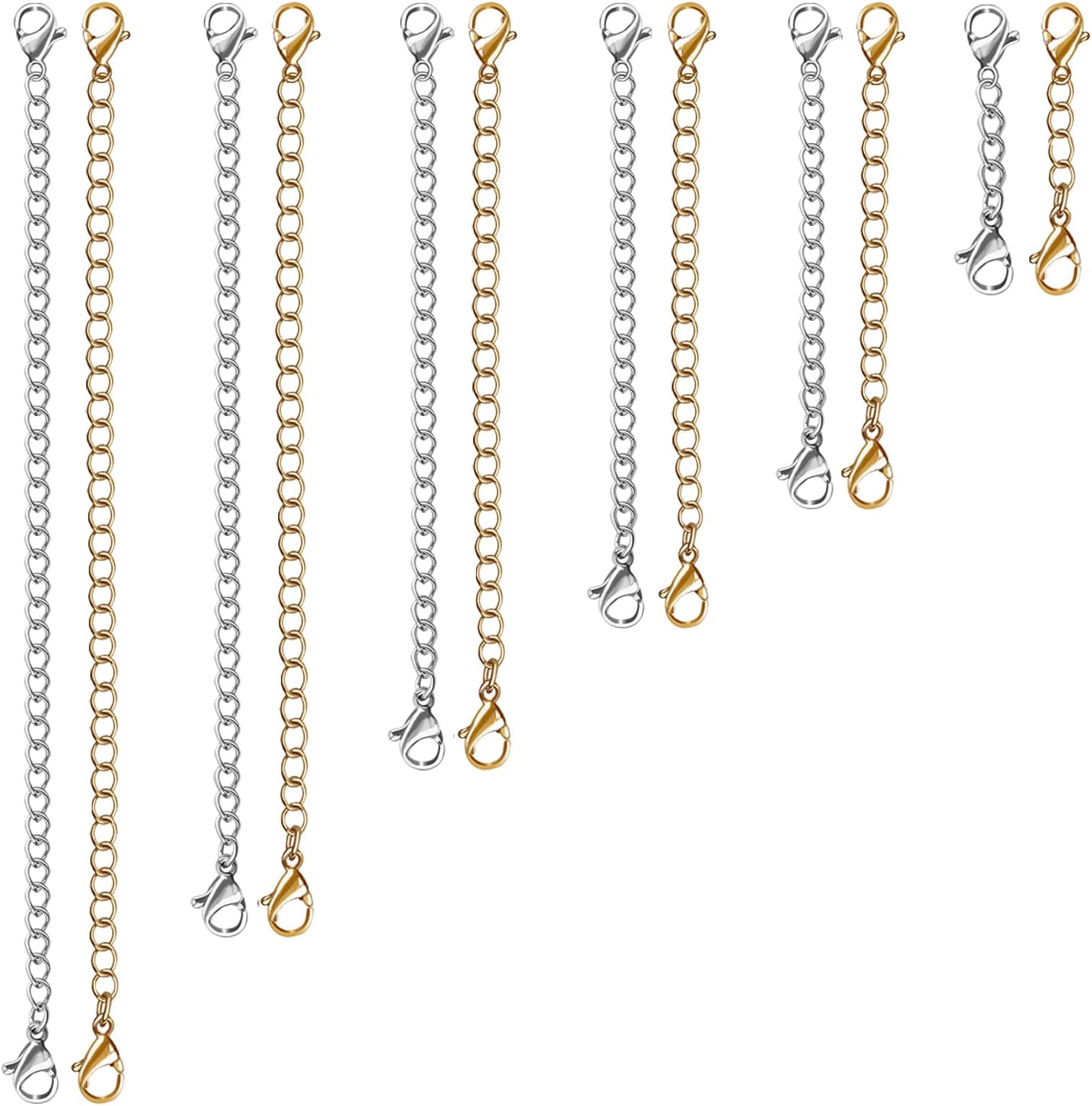 UUBAARUUBAAR 12 PCS Necklace Extenders - Stainless Steel Necklace Extension Chain for Jewelry, Bracelets & Anklets (6 Gold & 6 Silver, 1"-6" Lengths)