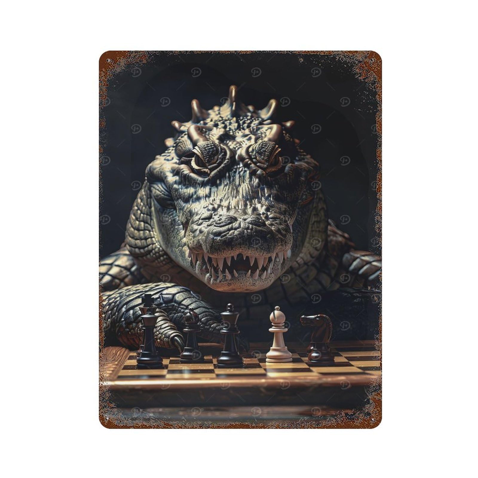 Crocodile Chess Rusty Metal Tin Sign 15.7"x11.8", for Living Room, Hallway And Home Decor, Old School Wall Decor