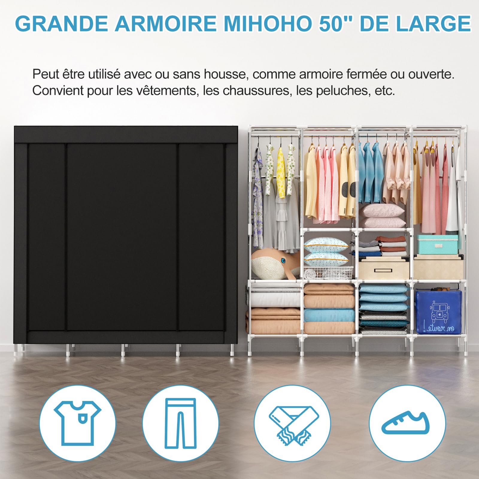 Mihoho Armoire Portable, penderie Suspendue de 170 cm, Portant à vêtements en métal, Armoire autoportante avec Housse en Tissu Oxford, 165 cm x 170 cm x 45 cm (Noir A, Grand)