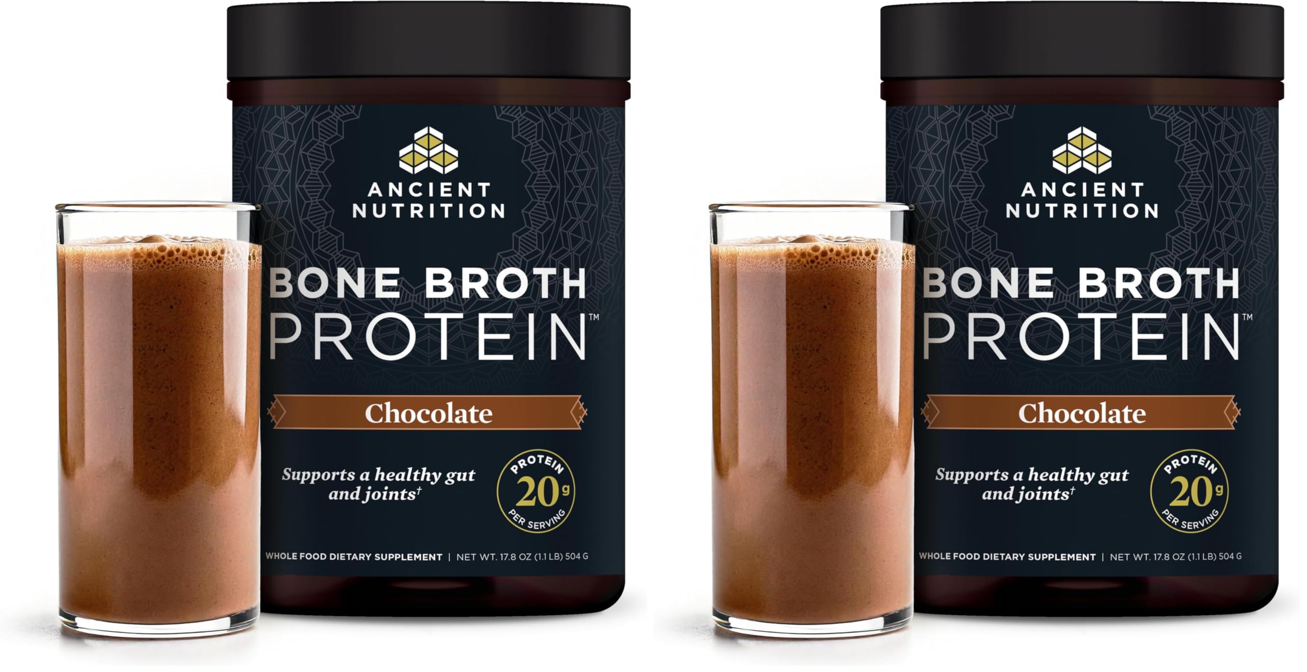 Ancient Nutrition Protein Powder Made from Real Bone Broth, Chocolate, 20g Protein Per Serving, 20 Serving Tub, Gluten Free Hydrolyzed Collagen Peptides Supplement, Great in Protein Shakes (Pack of 2)