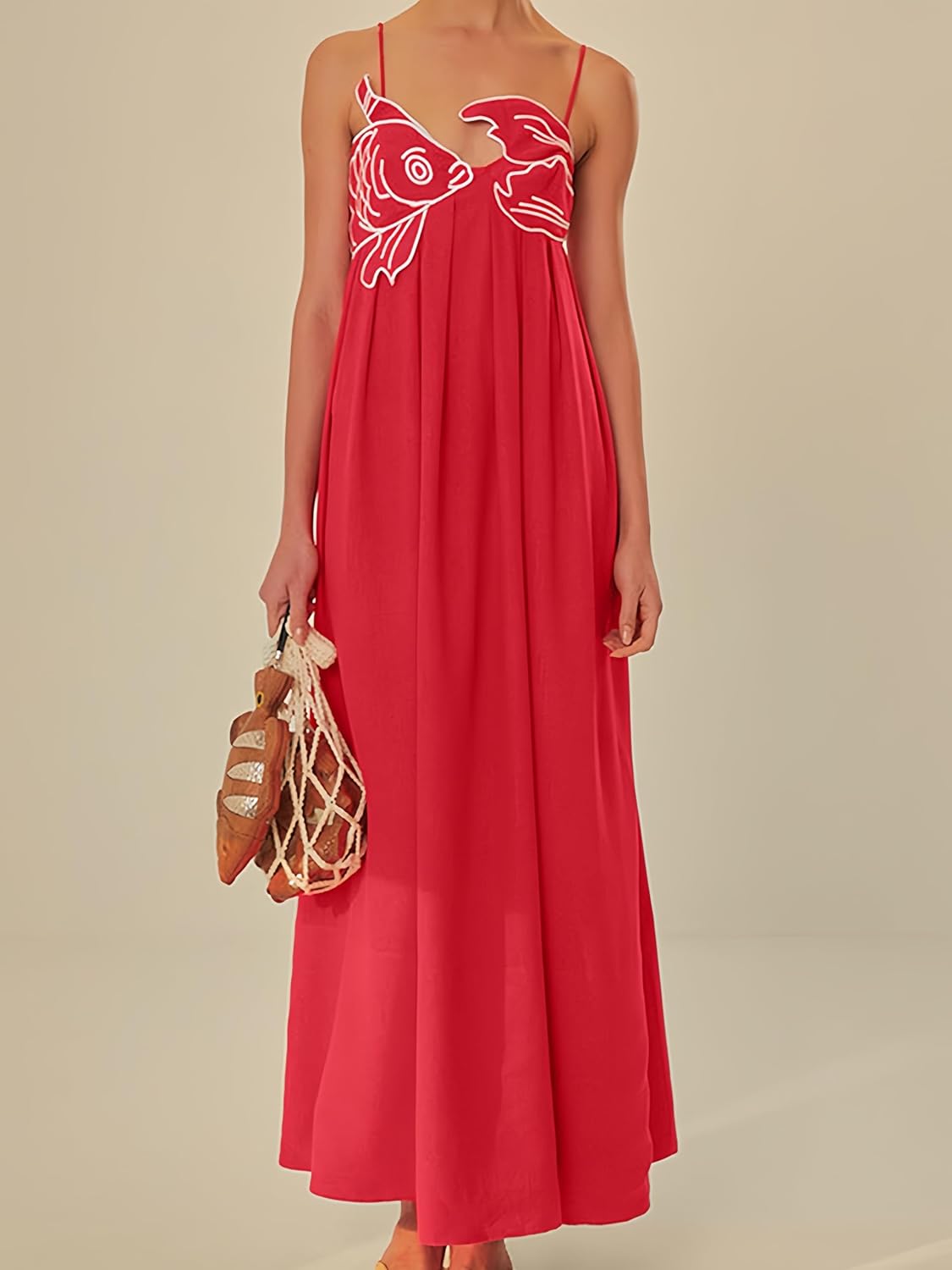 Women's Maxi Dress with White Fish Embroidery, Spaghetti Strap, Empire Waist, Flowy Summer Beach Dress