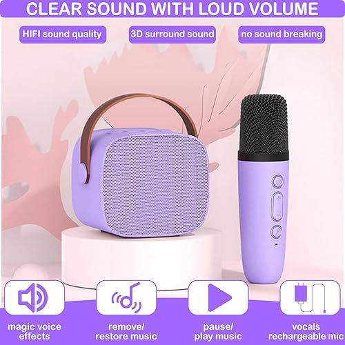 Miniatura 5 de Mini máquina de karaoke para niños y adultos, juguetes para niños y niñas, regalos para niñas y niños, altavoz Bluetooth con 1 micrófono inalámbrico
