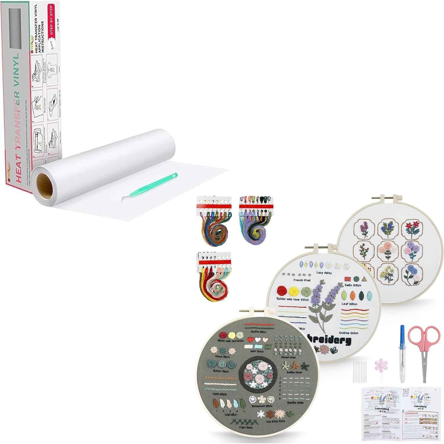 HTVRONT Heat Transfer Vinyl White HTV Rolls & 3 Pack Embroidery Kit for Beginners