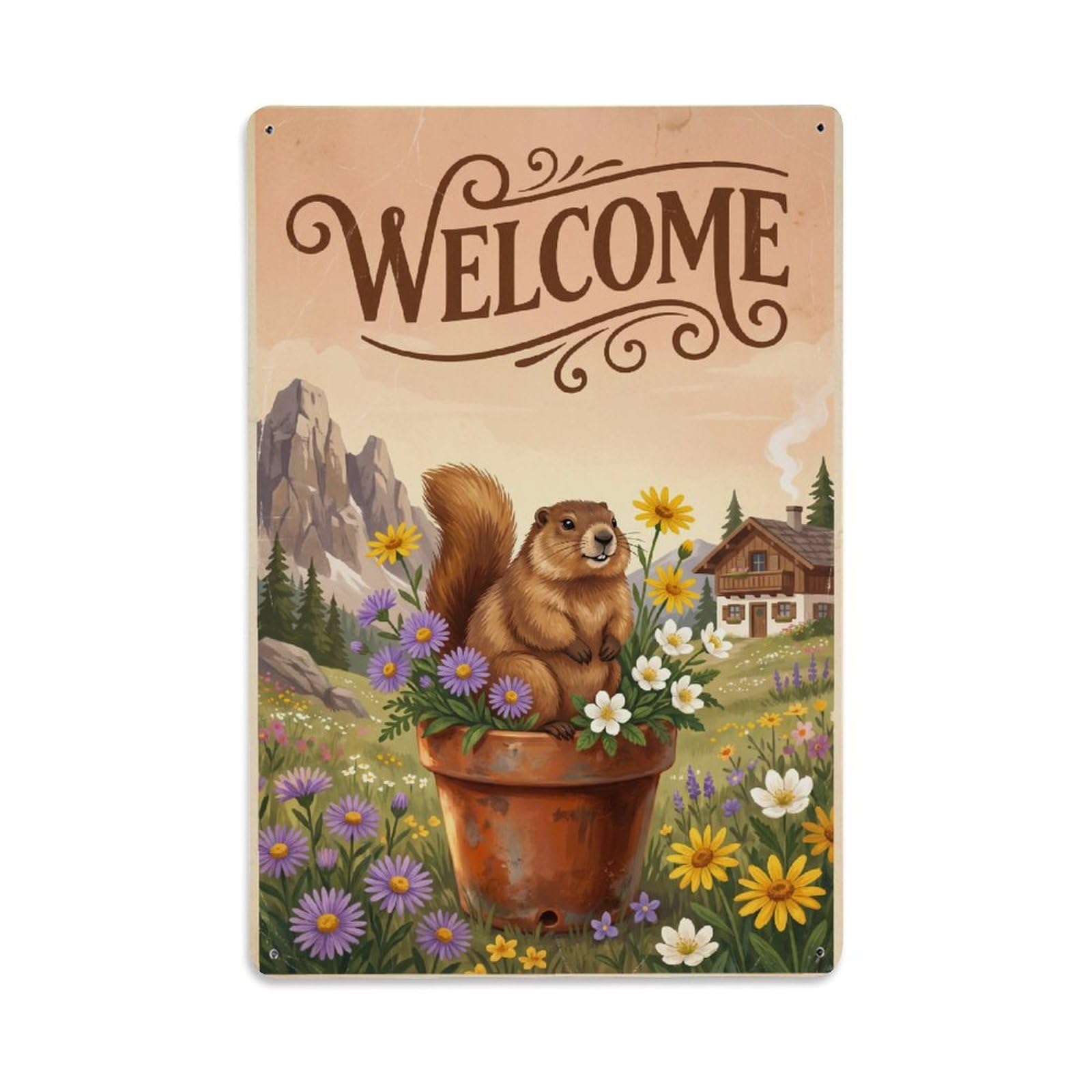 Cxhjca 8X12inch(20X30cm) Vintage Welcome Marmot Joyful Vibes Metal Tin Sign