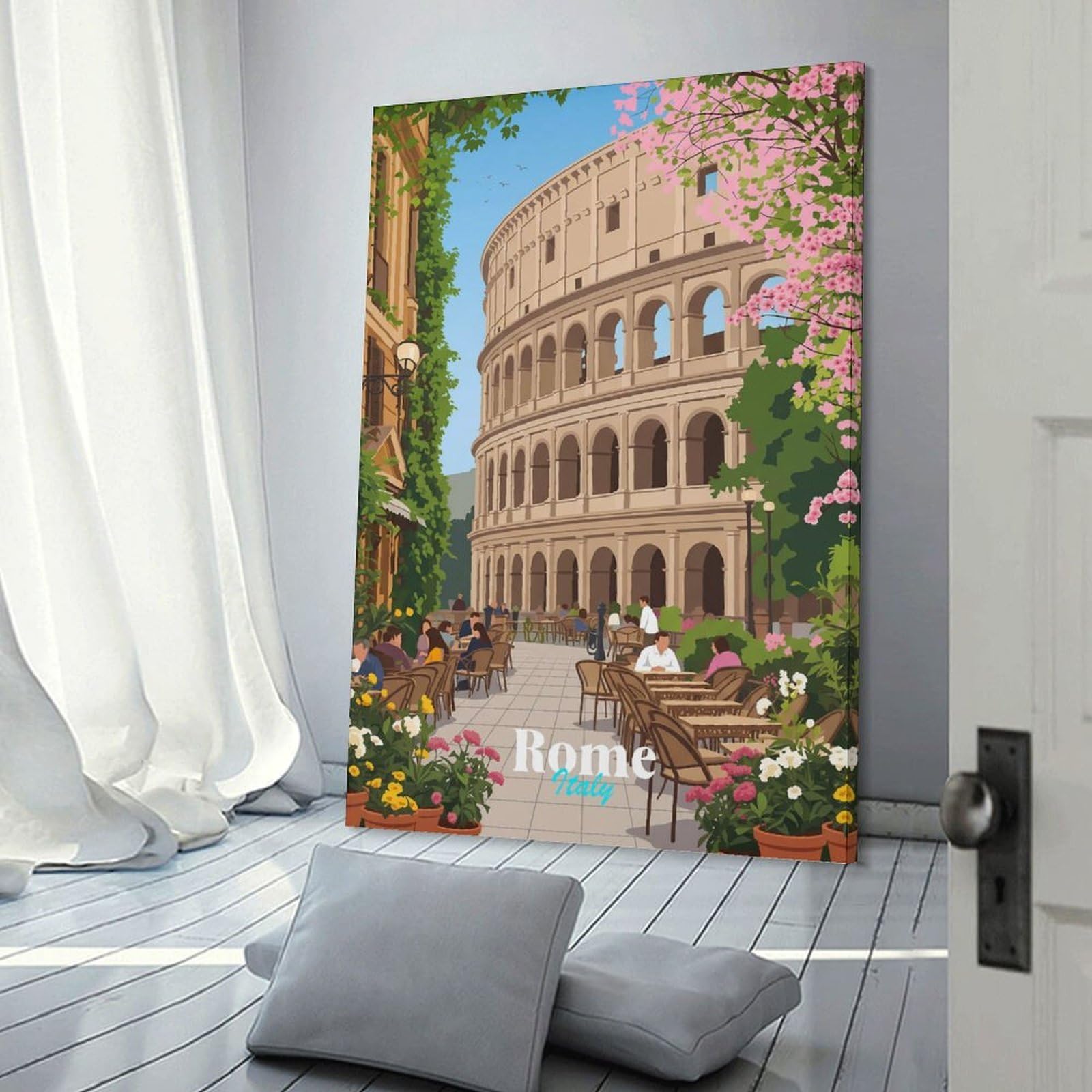 Junmoney Colosseum Cafe Scene in Rome Room Decor Wall Art, 24x36inch(60x90cm), for Living Room, Lounge Or Sitting Room, A Home Accent with Warm Character