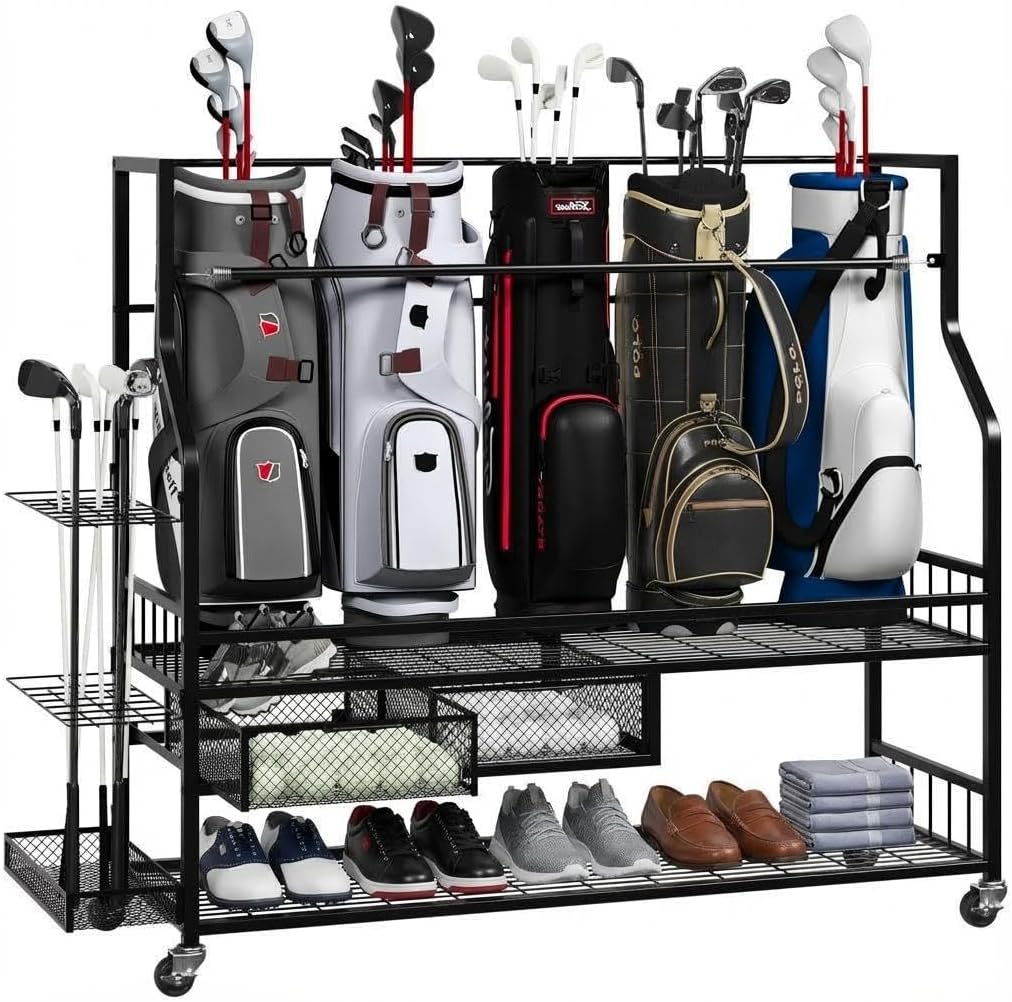 Golf Bag Storage Rack with Wheels, Golf Bag Storage Garage Organizer with Drawer for Garage, Clubs, Balls & Accessories, Portable Golf Equipment Cart
