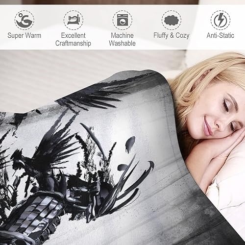 Miniatura 3 de Manta samurái de anime japonés, con espalda de samurái asiático, con cuervo negro, manta de franela súper suave para cama, silla, sofá, dormitorio