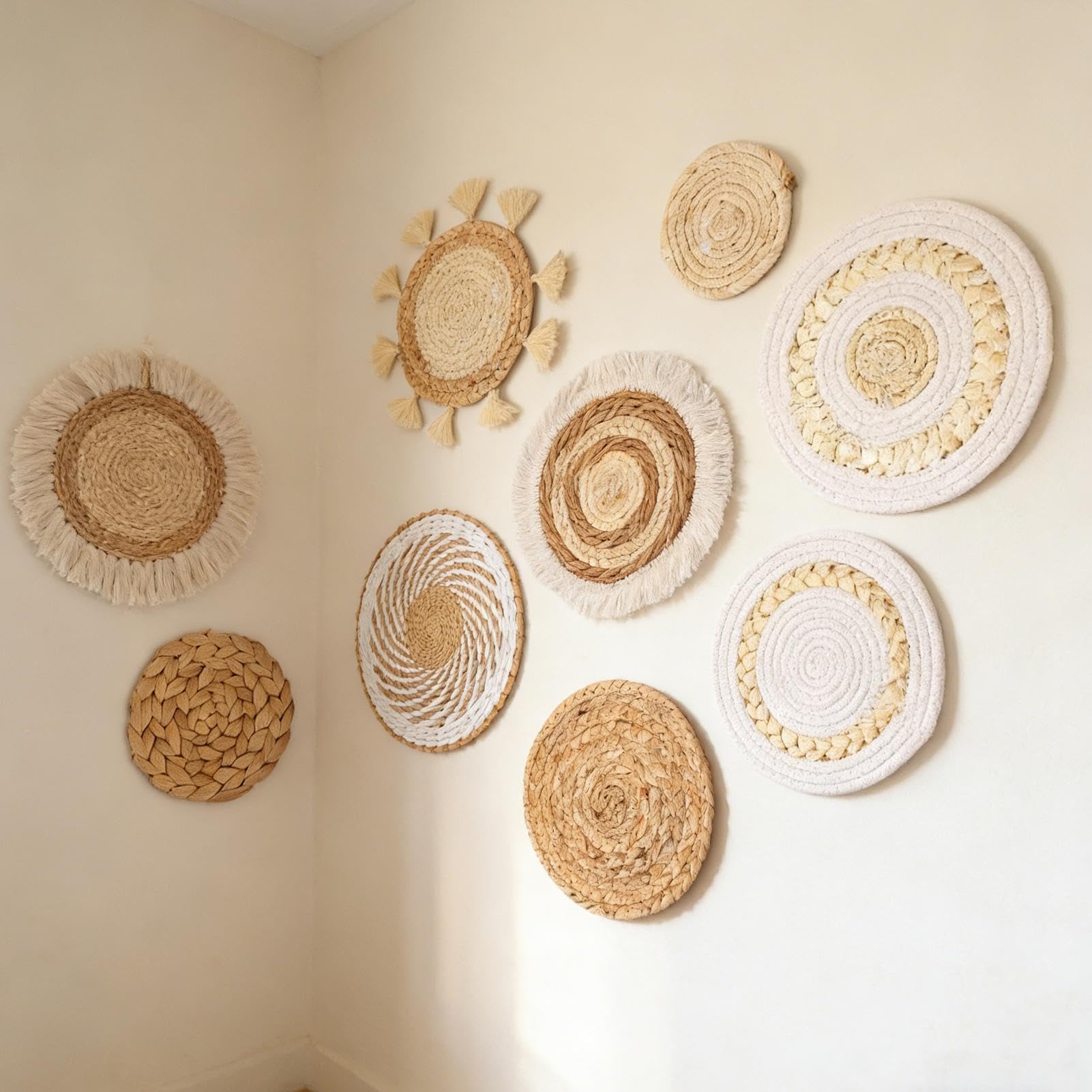 Muiltvoe Wall Basket Decor - Handwoven Boho Yarn Rustic Placemat,9-pieces Woven Wall Baskets,for Bedroom Kitchen Home Room Nursery Office Dorm Apartment House