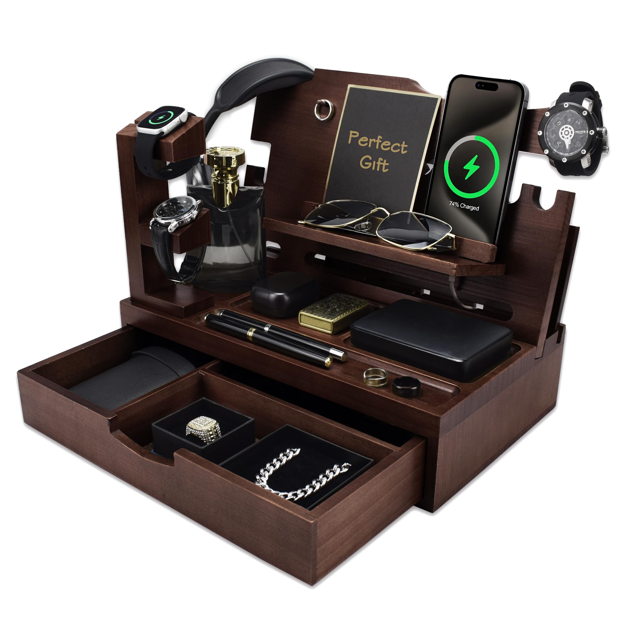 MED solid ash wood phone docking station in dark walnut with storage drawer