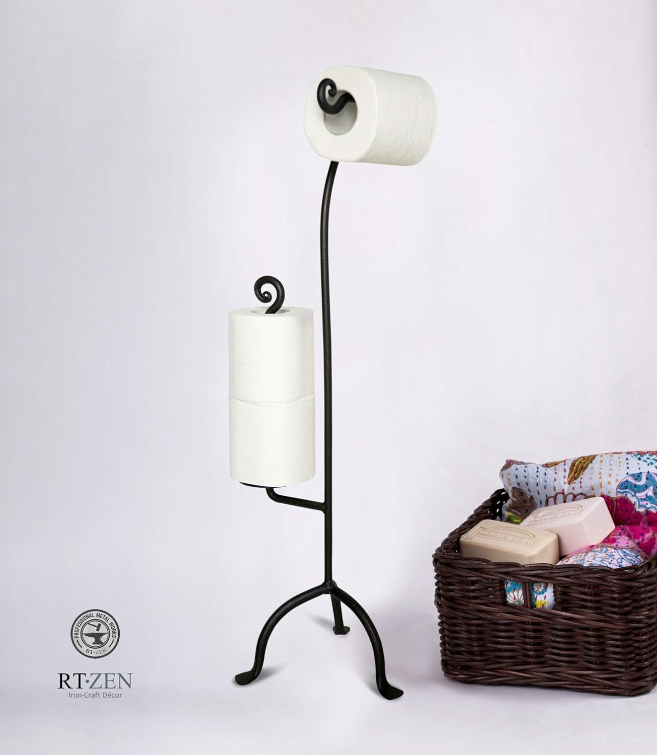 Limited Discount Decorative Wrought Iron Swirl Toilet Paper Stand 2 Rolls Storage | Free Standing TP | Black Sturdy Rod Metal | Place Anywhere | Authentic Handcrafted Bathroom Décor by RTZEN