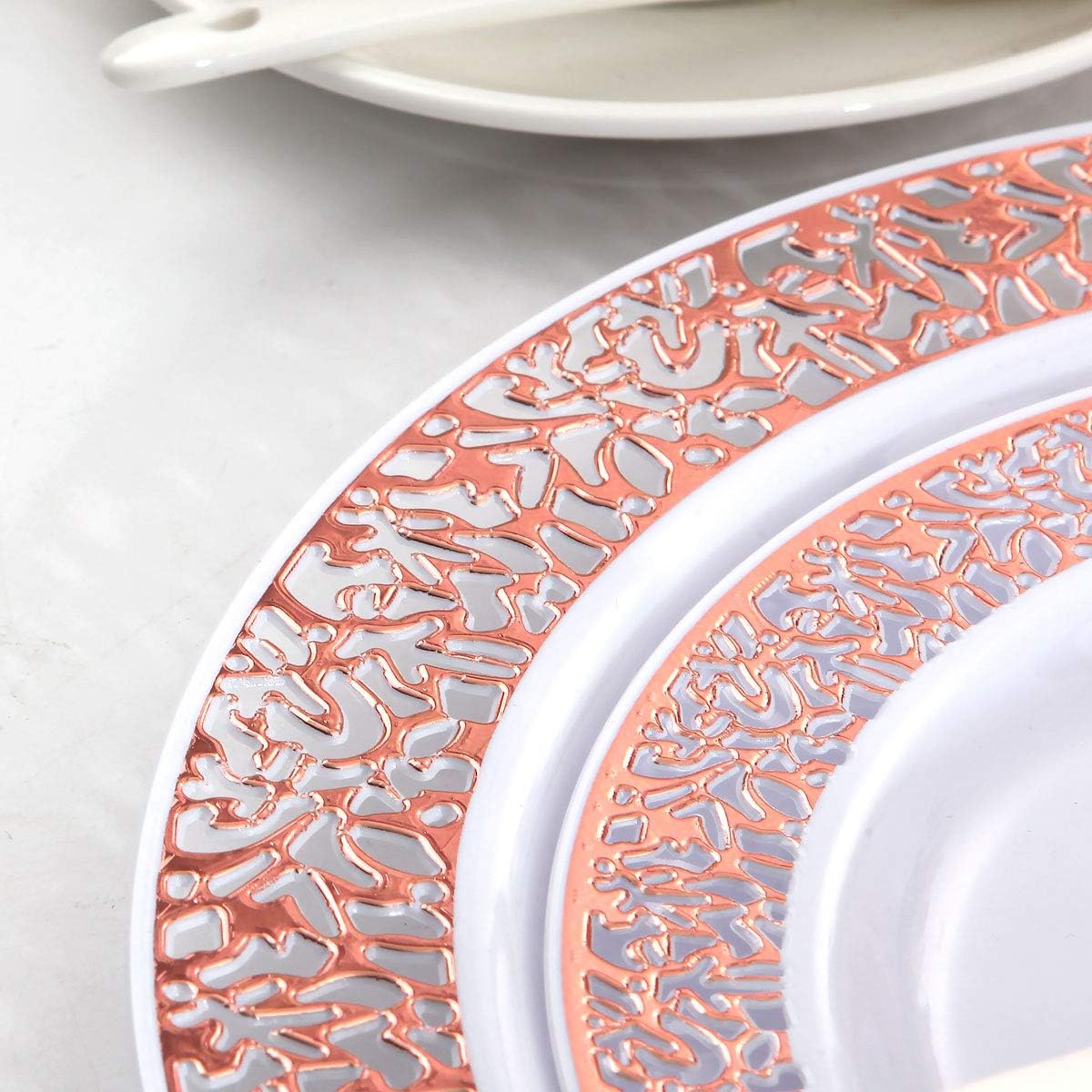 🛒 Flаѕh Sаlе WELLIFE 350 Pieces Rose Gold Plastic Dinnerware, Disposable Rose Gold Lace Plates, Include:50 Dinner Plates, 50 Dessert Plates, 50 Per Rolled Napkins with Rose Gold Silverware and 50 Cups