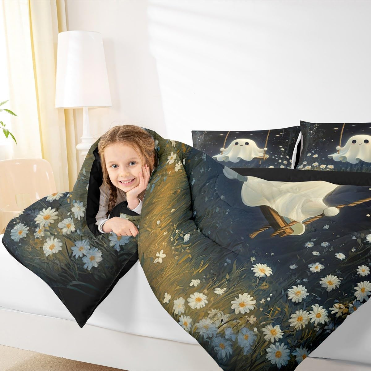 Castle Fairy Cute Ghost Comforter Set Queen Size,Halloween Ghost Swing Down Alternative Adults Room Decor,White Daisy Flowers Rustic Jungle Ultra Soft Microfiber Inner Fill 3Pcs Bedding