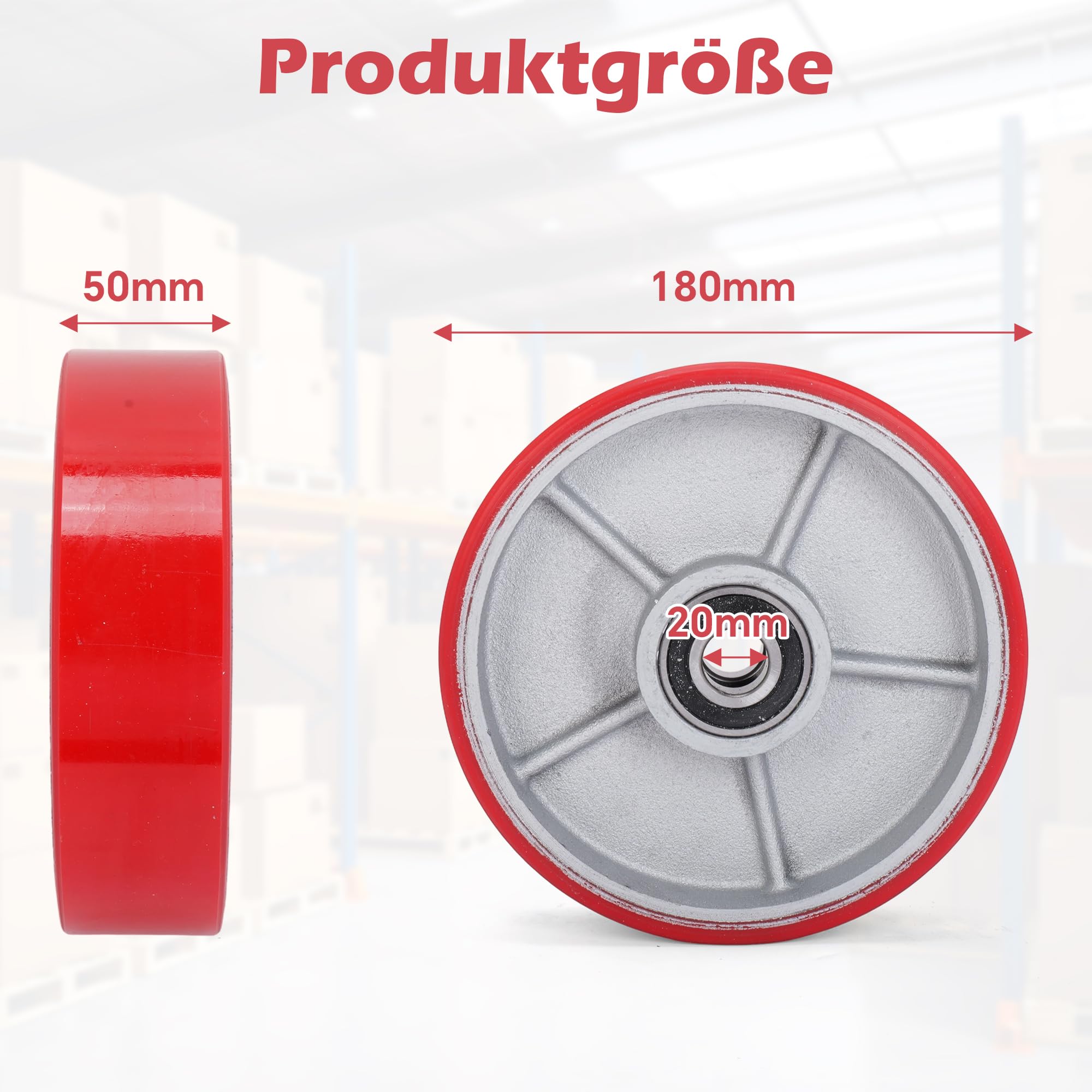 2 ruote per carrello sollevatore in poliuretano 180 x 50 mm, asse 20 mm, cuscinetti a sfera per carrello sollevatore, ruote di ricambio, fissatore, ruote per pallet, carico massimo 3000 kg