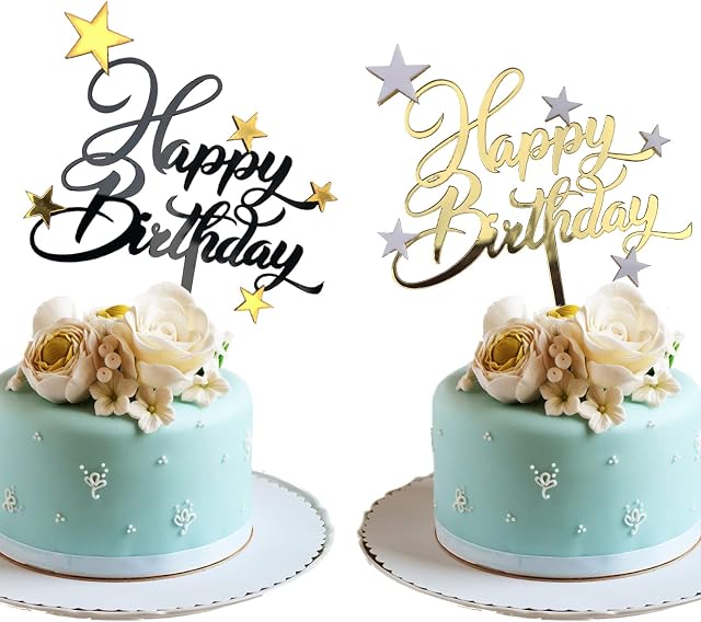 XINCHENG Happy Birthday Cake Topper, 2pcs Glitter Birthday Cake Decorations, Acrylic Cake Decorating Toppers for Birthday Party(gold, black)