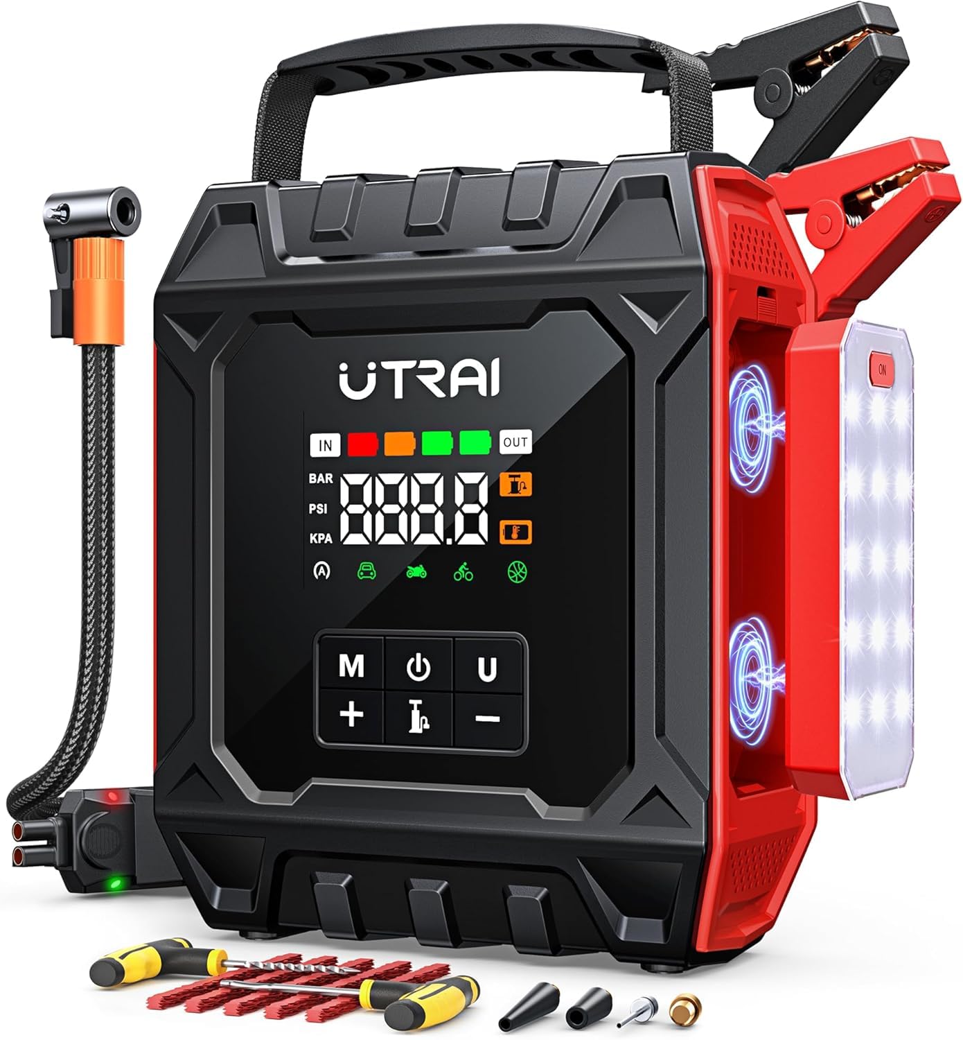 Arrancador de Baterías de Coche Portátil 8000A con Compresor de Aire 160PSI(All Gas/12L Diésel/Híbrido),UTRAI Arrancador con Luz Magnética Desmontable de 1200 Lúmenes,Kit de Reparación de Neumáticos