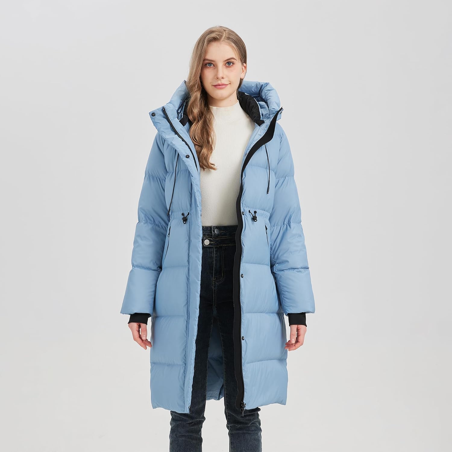 Women’s Thick Long Goose Down Coat Hooded Warm Winter Down Puffer Parka Jacket with Knee-Length Coverage