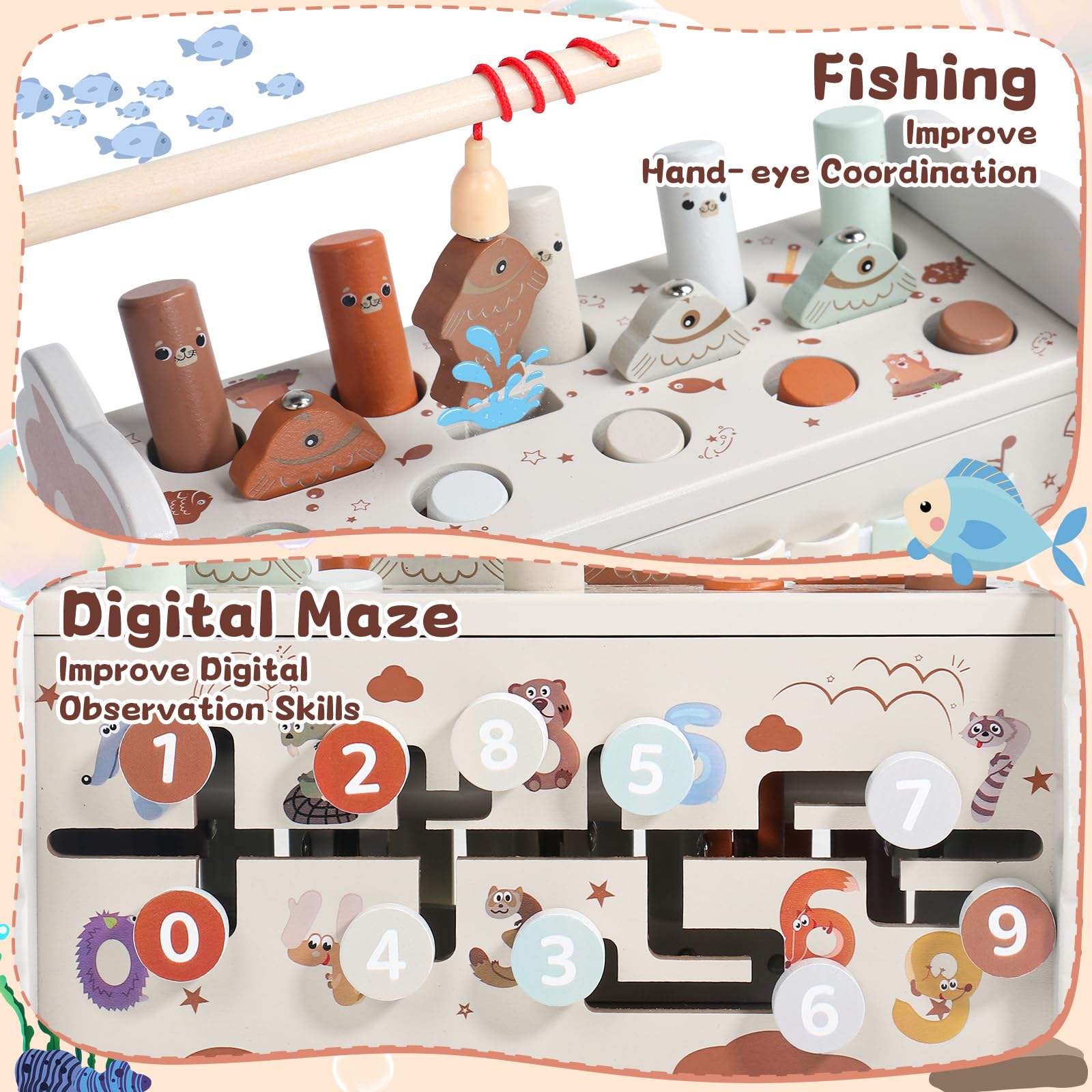 Jouet Montessori 1 an 4 en 1 Tape-Taupe Xylophone Bebe Pêche Labyrinthe Bois Educatif
