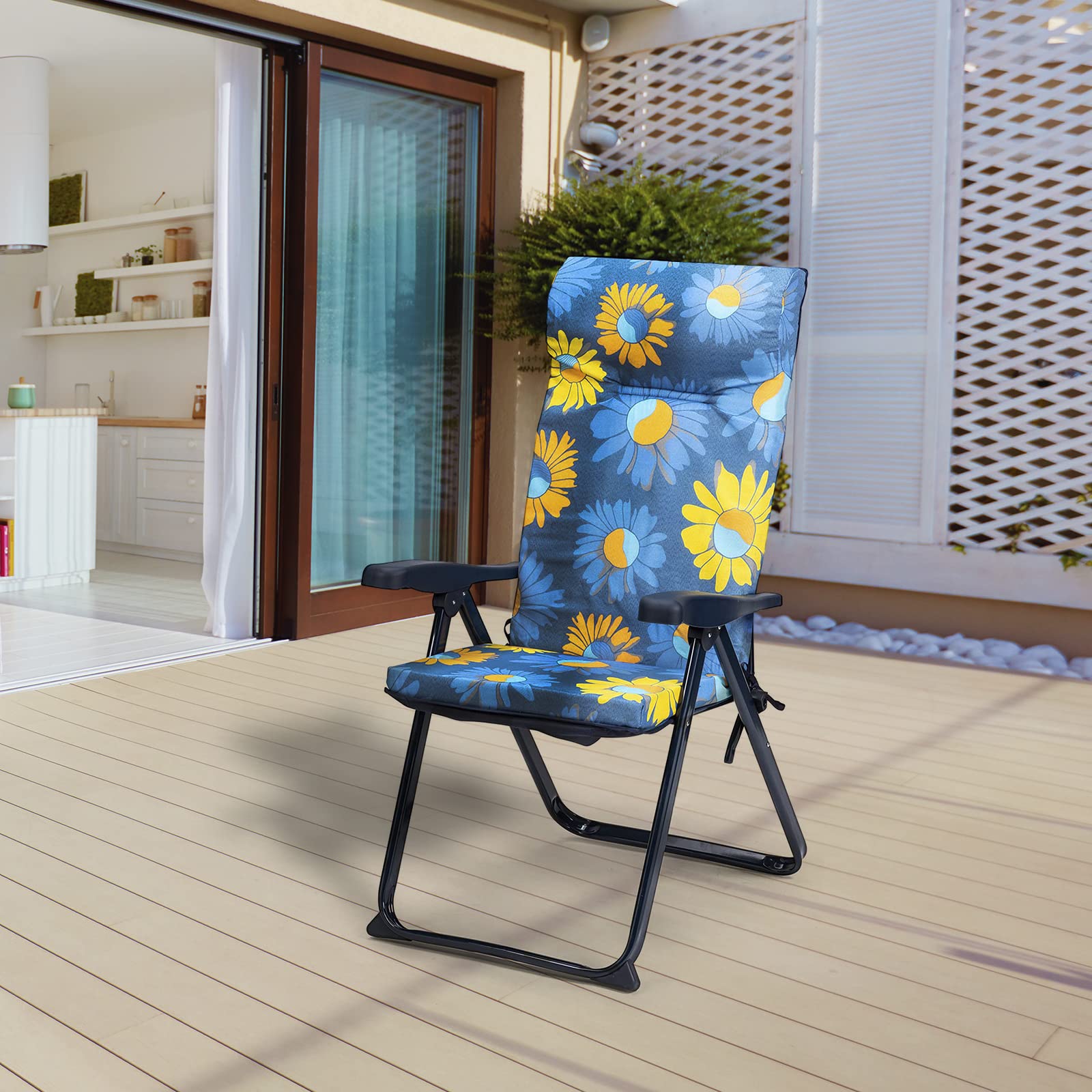 Silla Plegable de Jardín Reclinable y Acolchada 76x62x114 cm 6 Posiciones y Cabezal Anatómico Tejido lavable y Pies Estabilizadores para Mayor Seguridad