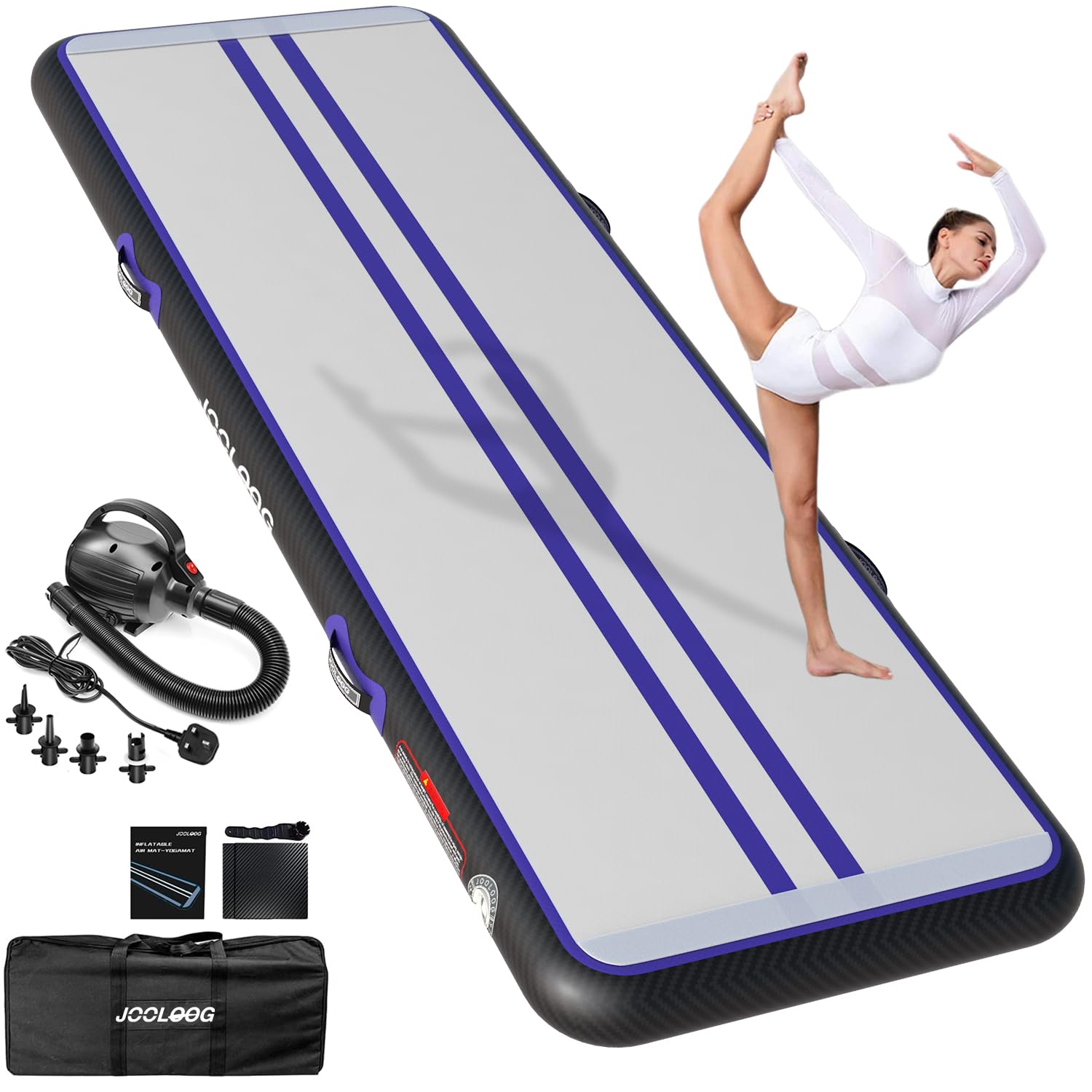 JOOLOOG Premium Inflatable Gymnastics Mat, Air Mat Tumble Track for Home Training, 4/8 Inch Thick Tumbling Mat with Pump Indoor Gymnastics Tumbling & Yoga,Water,Purple Black, 6.6ft*3.3ft*4in