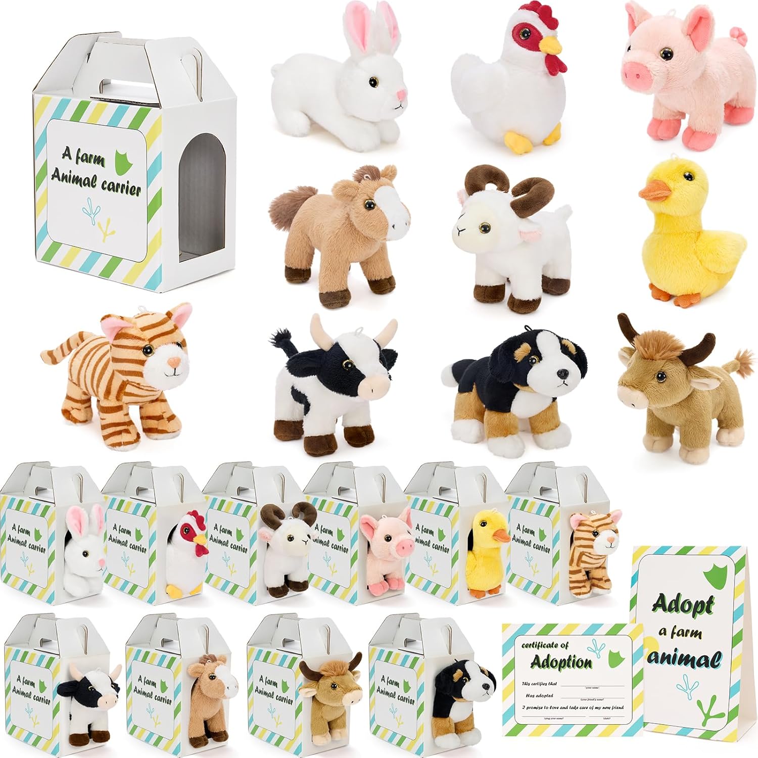 MaoGoLan 31-Piece Adopt a Farm Animal Party Favors Easter Gift Basket Stuffers Kit with 10 Barn Boxes, 10 Plush Farm Animals(6 inch), 10 Adoption Cards & 1 Sign
