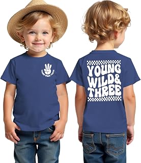 BOUTIKOME Young Wild and Three Birthday Boy Shirt 3rd Birthday Outfit 3 Year Old Boy T-Shirt Third B-Day Party Tees Tops