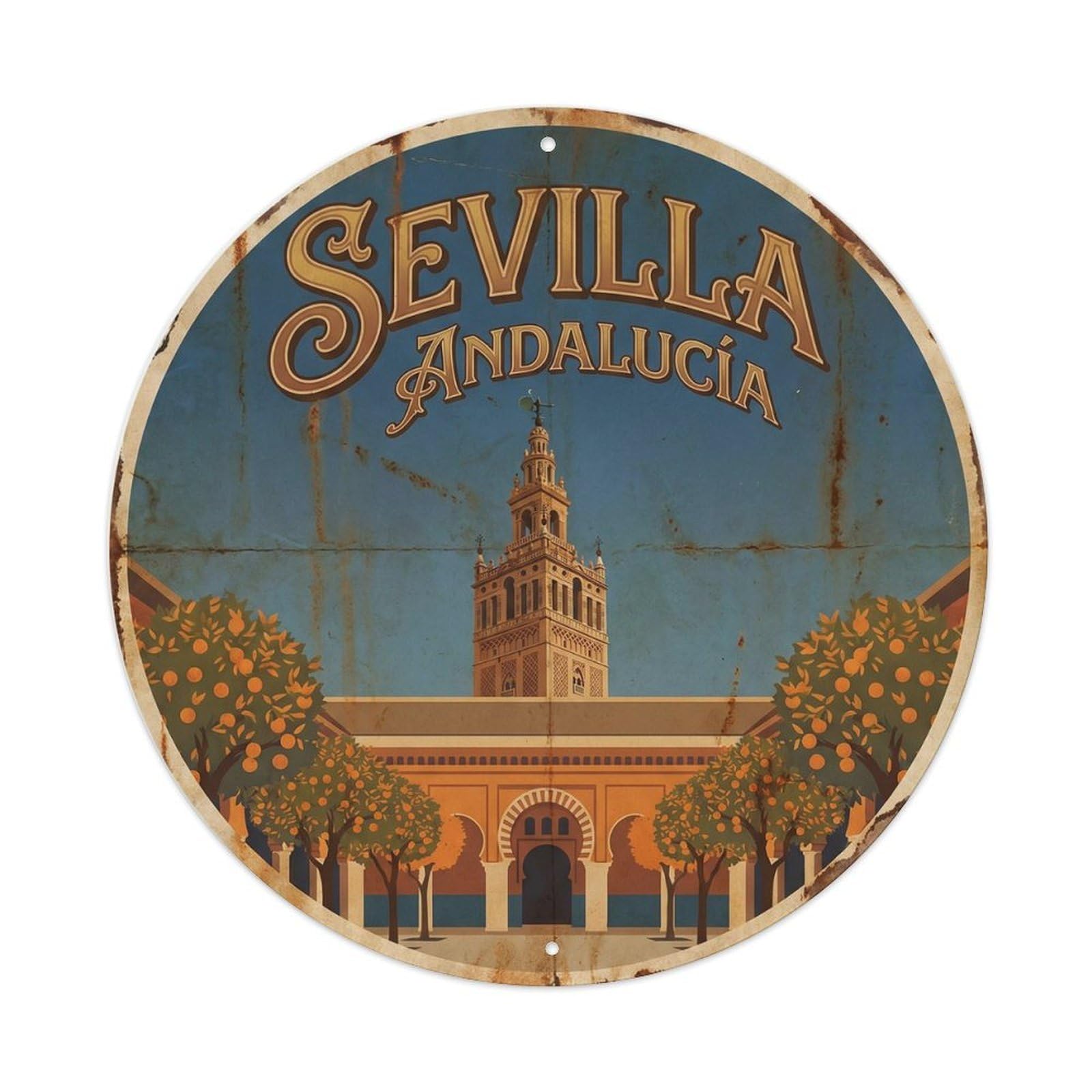 City Landmark Seville Andalusia Spain Classic Destination Metal Tin Sign Plaque Wall Decor for Cafe, Man Cave, Club Bar, Office, Home Garden Round Metal Poster 8x8Inch