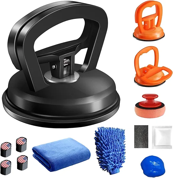 Dent Puller Car Dent Puller Kit 10-Piece & Smooth Surfaces Object Lifter Kit (2xOrange+Black) - Dent Remover Tool for Car Dents,Glass Tiles,Screens | Includes Cleaning Putty & Valve Stem Caps