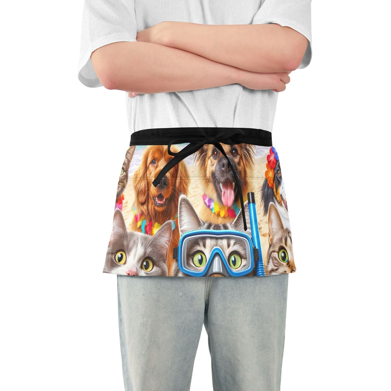 ODAWA Funny Hawaiian Cats and Dogs Waist Aprons with 3 Pockets Money Aprons