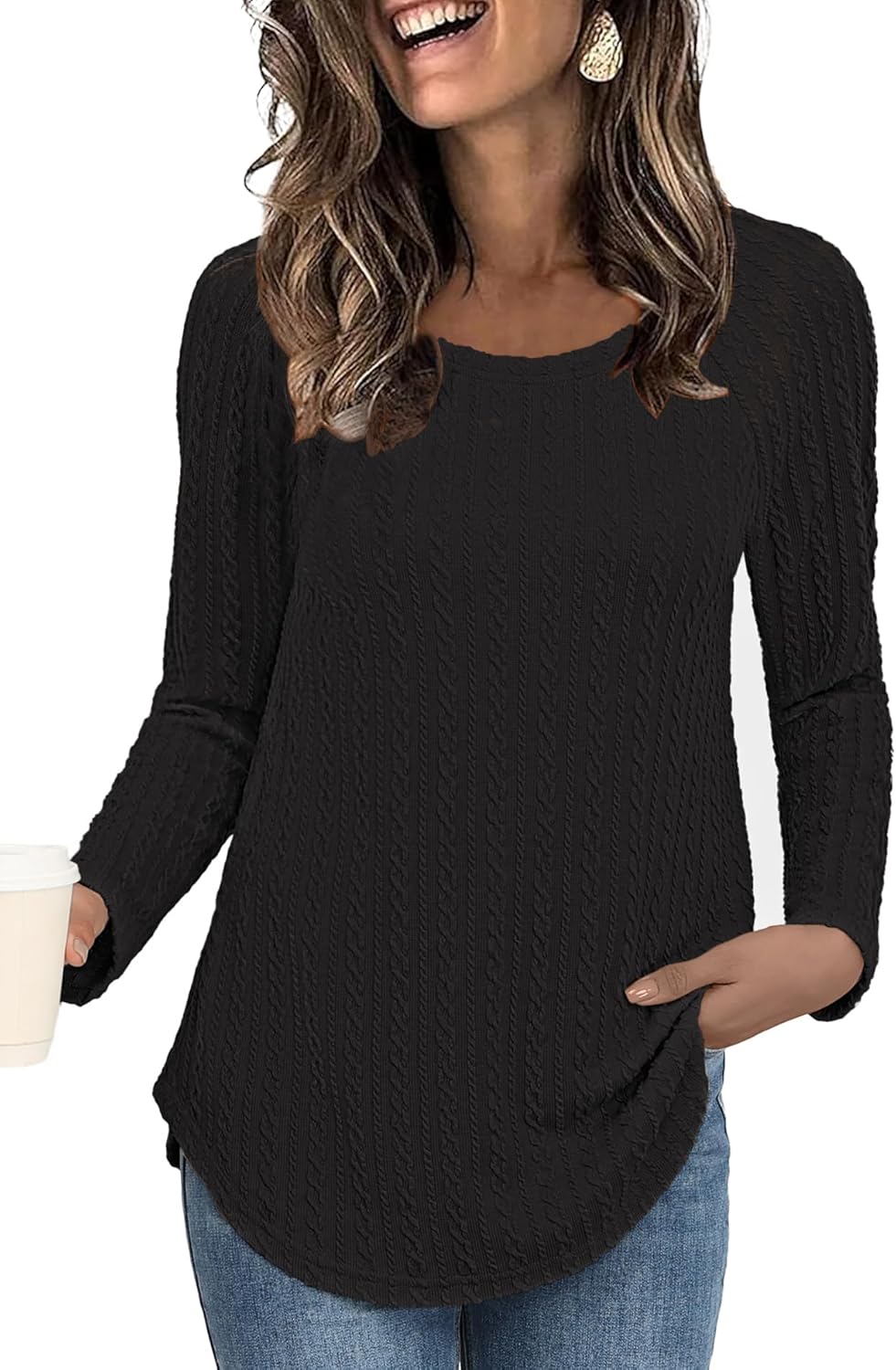 Long Sleeve Shirts Women Fall Fashion 2024 Lightweight Crewneck Twist Knit Tops, Black, L