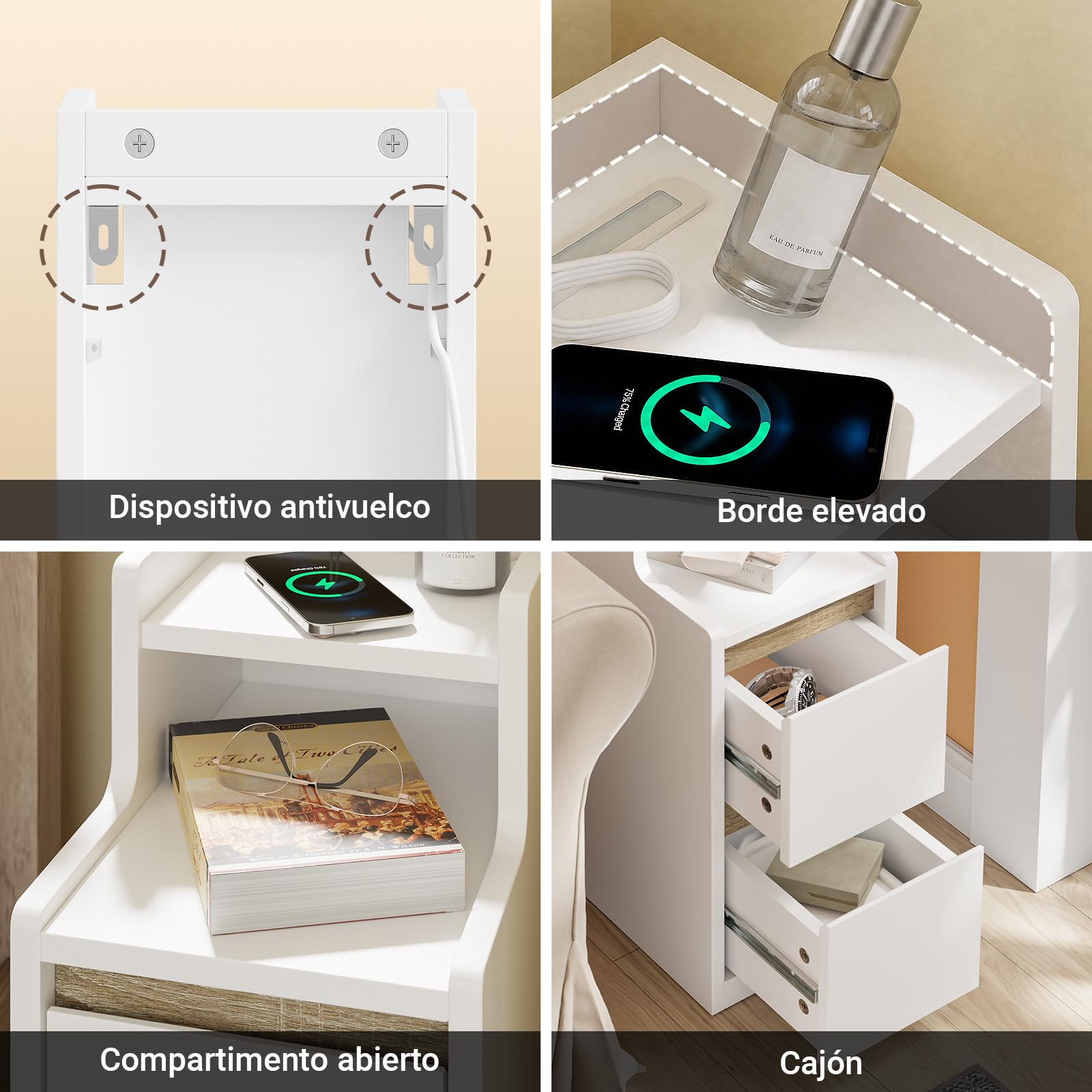 SoBuy mesita de Noche Estrecha con Carga y lámpara LED táctil, 22x34x60.5cm | 22cm Mesa auxiliar con USB & Type-C, barra LED regulable USB cable 1,8 m, zócalo y antivuelco, para dormitorio FBT178-E-WN