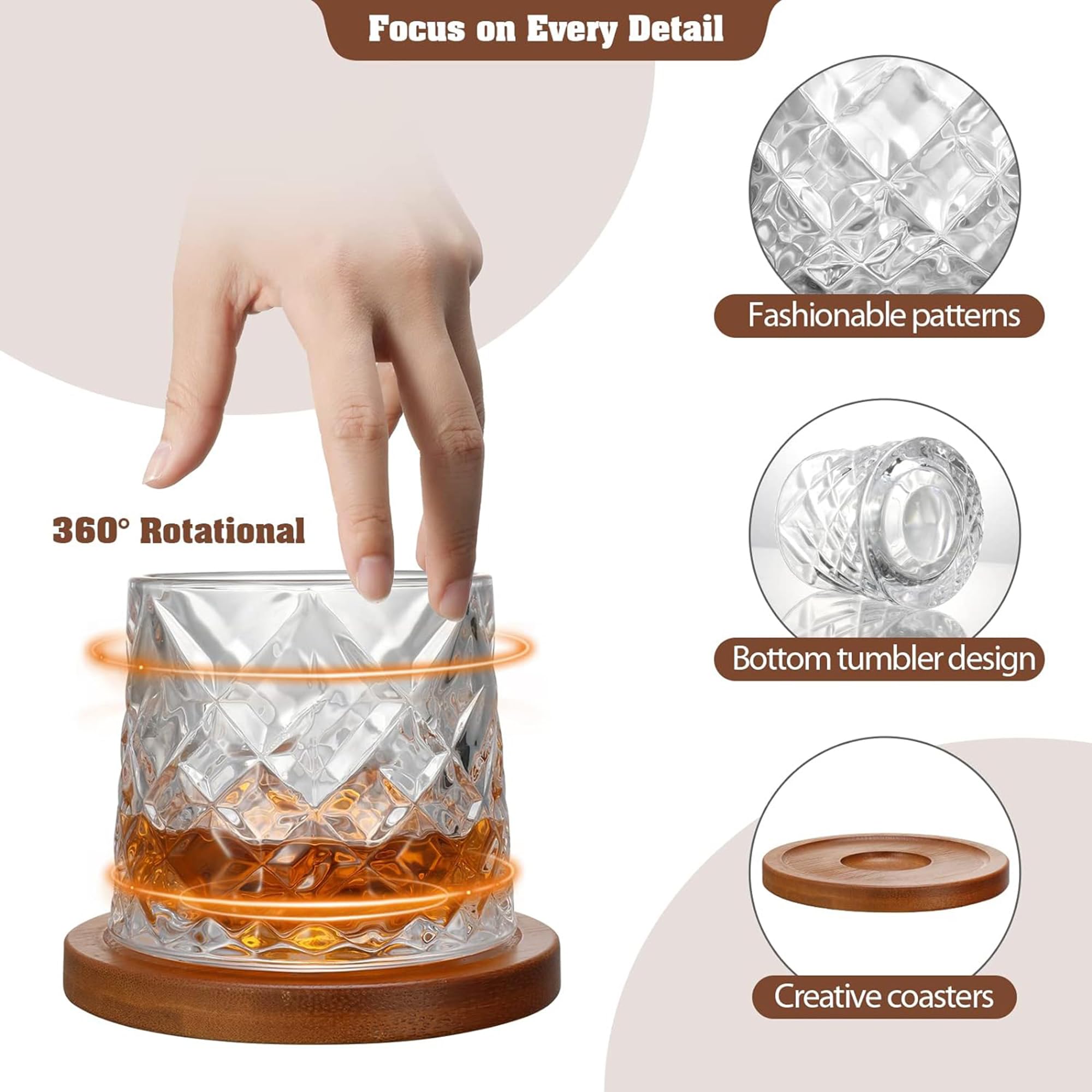 Verres à Whisky Rotatifs LIBRNTY - Verres Cognac Et Martini à Bascule 360°, Fond Sphérique, Idéal Pour Rhum, Bourbon, Scotch Et Cocktails