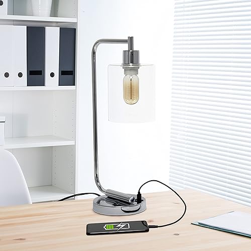 Vista 2 de Simple Designs LD1066-CHR-LB Lámpara de mesa de hierro industrial vintage Bronson con puerto USB y pantalla cilíndrica de vidrio para oficina, sala