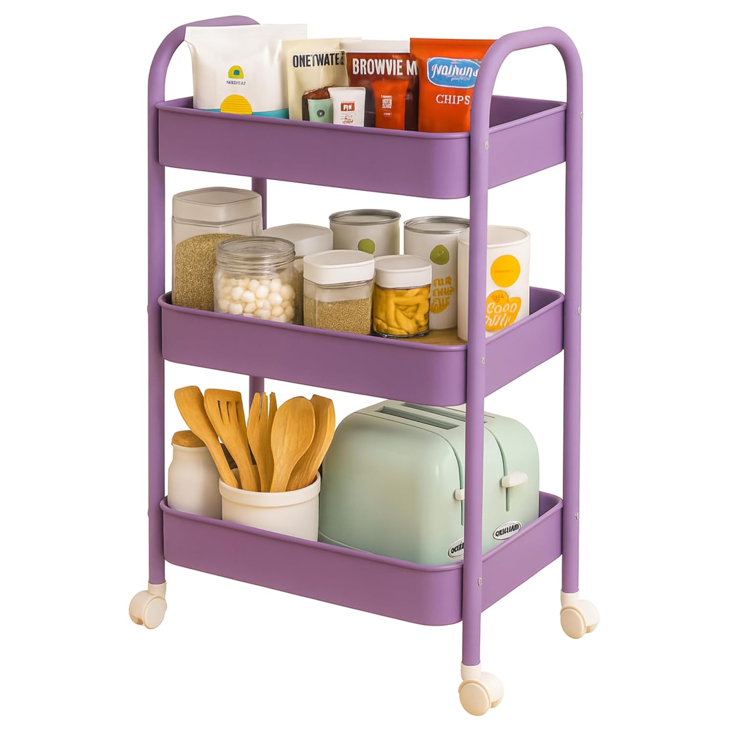 JIALTO Multipurpose Rack for Kitchen Storage, 3-Tier Steel Storage – Kitchen Organizer Trolley with 4 Lockable Wheels | Metal Vegetable Stand Rack for Home, Office & Outdoor (Purple)
