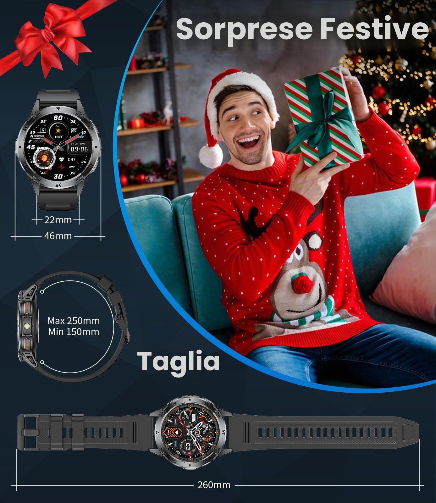 Smartwatch Uomo, Chiamate Bluetooth, 1,43" AMOLED Display Orologio Fitness e Torcia a LED, 110+ Modalità Sportive, Monitoraggio della Frequenza Cardiaca/Sonno, IP68, Android e iOS, Nero Acciaio