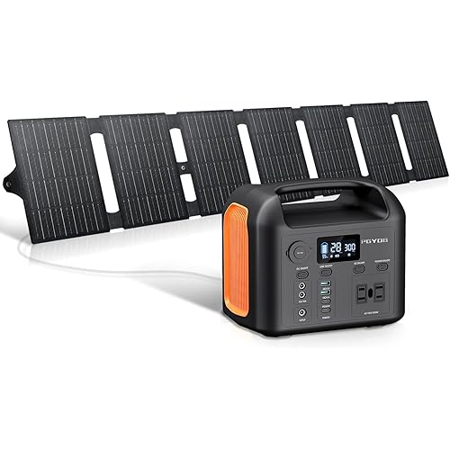 PGYOB Portable Power Station with 55W Solar Panel, 299Wh LiFePO4 Backup Battery 300W Pure Sine Wave AC (600W Peak) Car Outlets PD 60W QC3.0 Solar Generator Power Bank for Camping, Emergency, CPAP