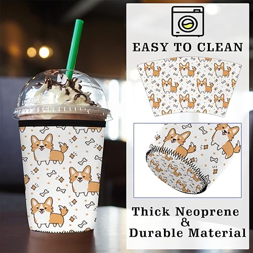 Miniatura 4 de Funda de café helado, lindo perro corgi, diseño de estrella de hueso animal, reutilizable, de neopreno, aislante, para bebidas frías, bebidas, 32