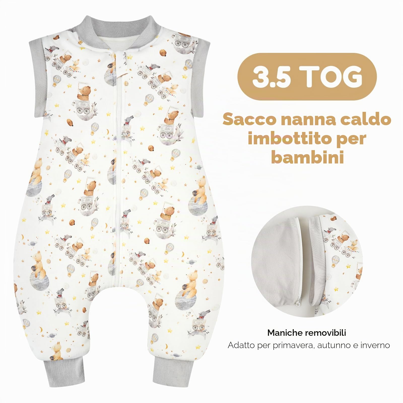 WYTbaby Sacco Nanna con Piedini 3.5 Tog per Bambini, Sacco Nanna Inverno Addensato con Maniche Rimovibili in Cotone, Sacco a Pelo per Neonati e Bambini Piccoli, Ragazzi e Ragazze