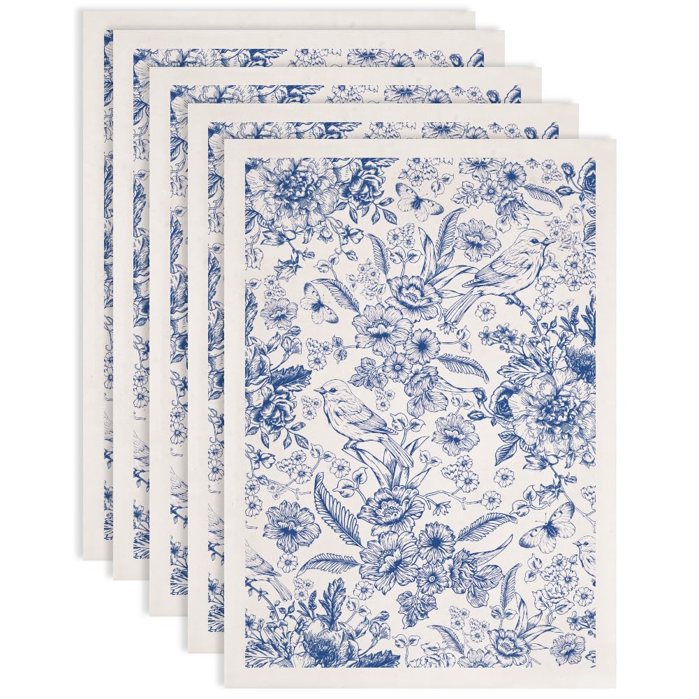 SUPERDANT 5PCS Retro Flowers Underglaze Transfers for Pottery Bird Transfer Stickers Ceramic Decals Blue Underglaze Transfers Paper for Porcelain Overglaze Enamel Clay Decal 52x37cm