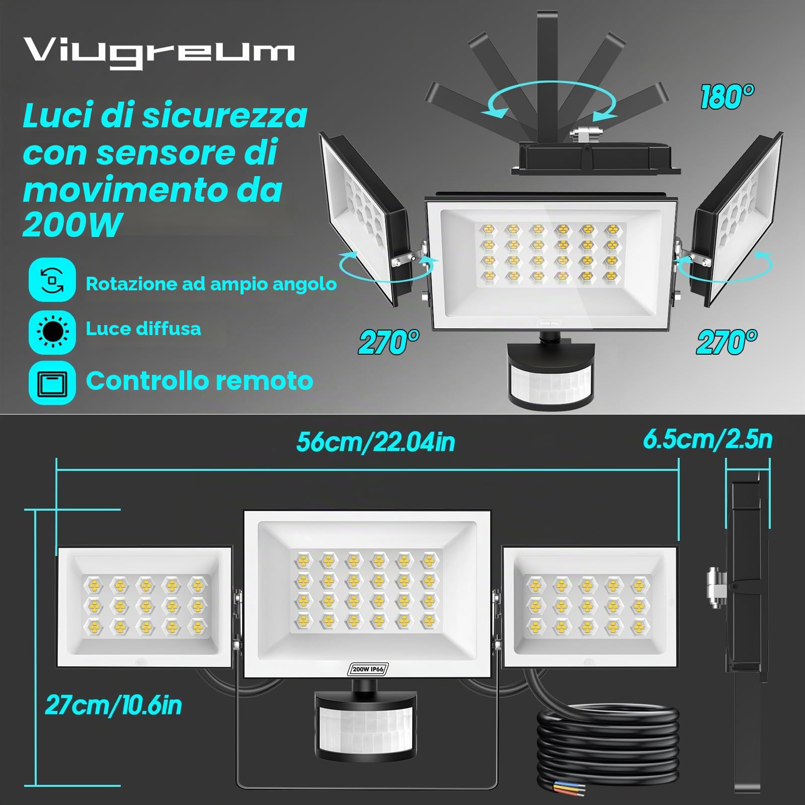 Viugreum 200W faro led esterno, 30000 lm faretto con sensore di movimento, 6500 K IP66 Impermeabile faretto esterno con telecomando, 216 perline a nido d'ape faro led per Cortile, Giardino
