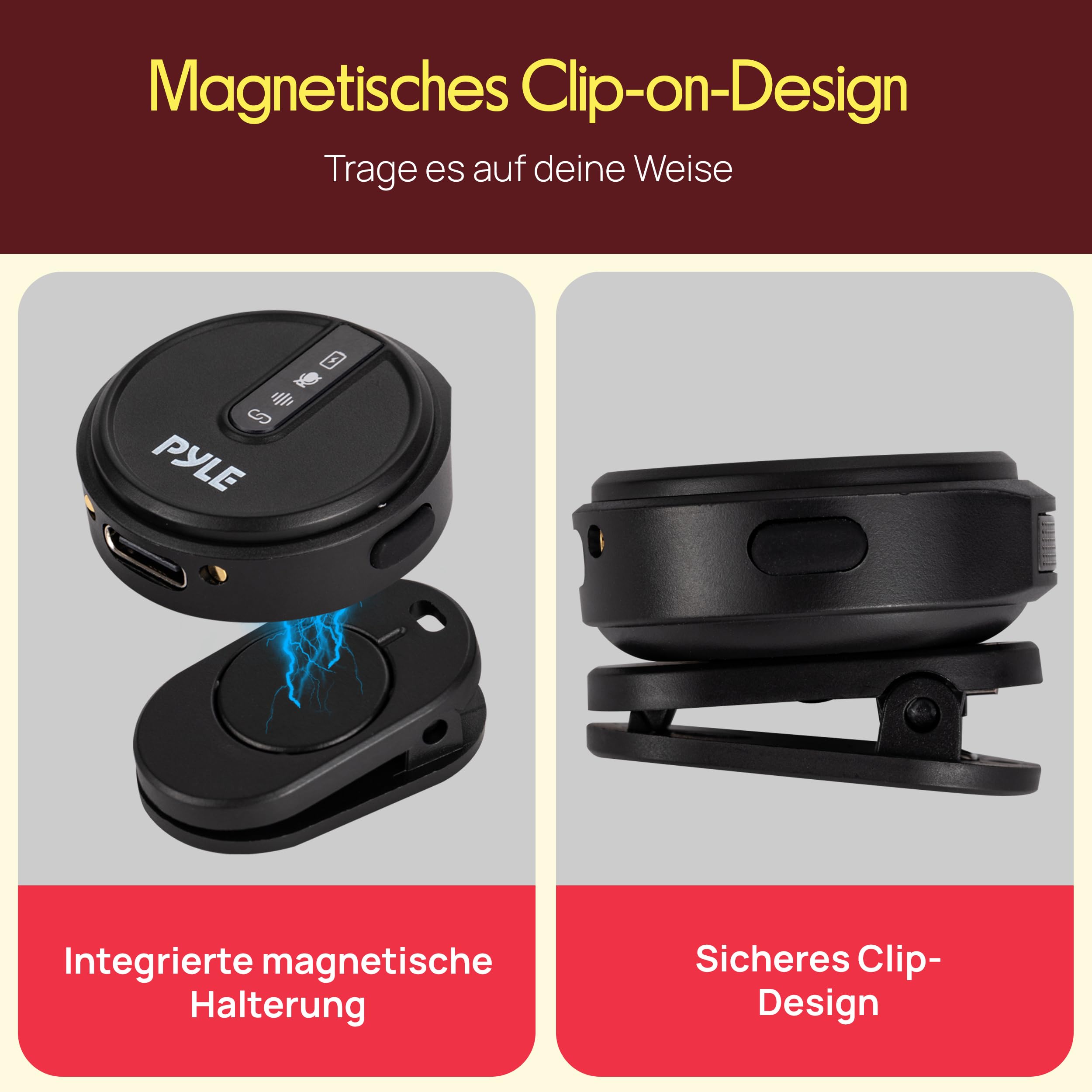 Pyle Kabelloses Lavalier Mikrofon 2er Set für iPhone, iOS & Android–2,4 GHz Ansteckmikrofon mit Geräuschunterdrückung, 360° Audioaufnahme, Magnetclip, Ladecase für Vlogging, Interviews & Livestreaming